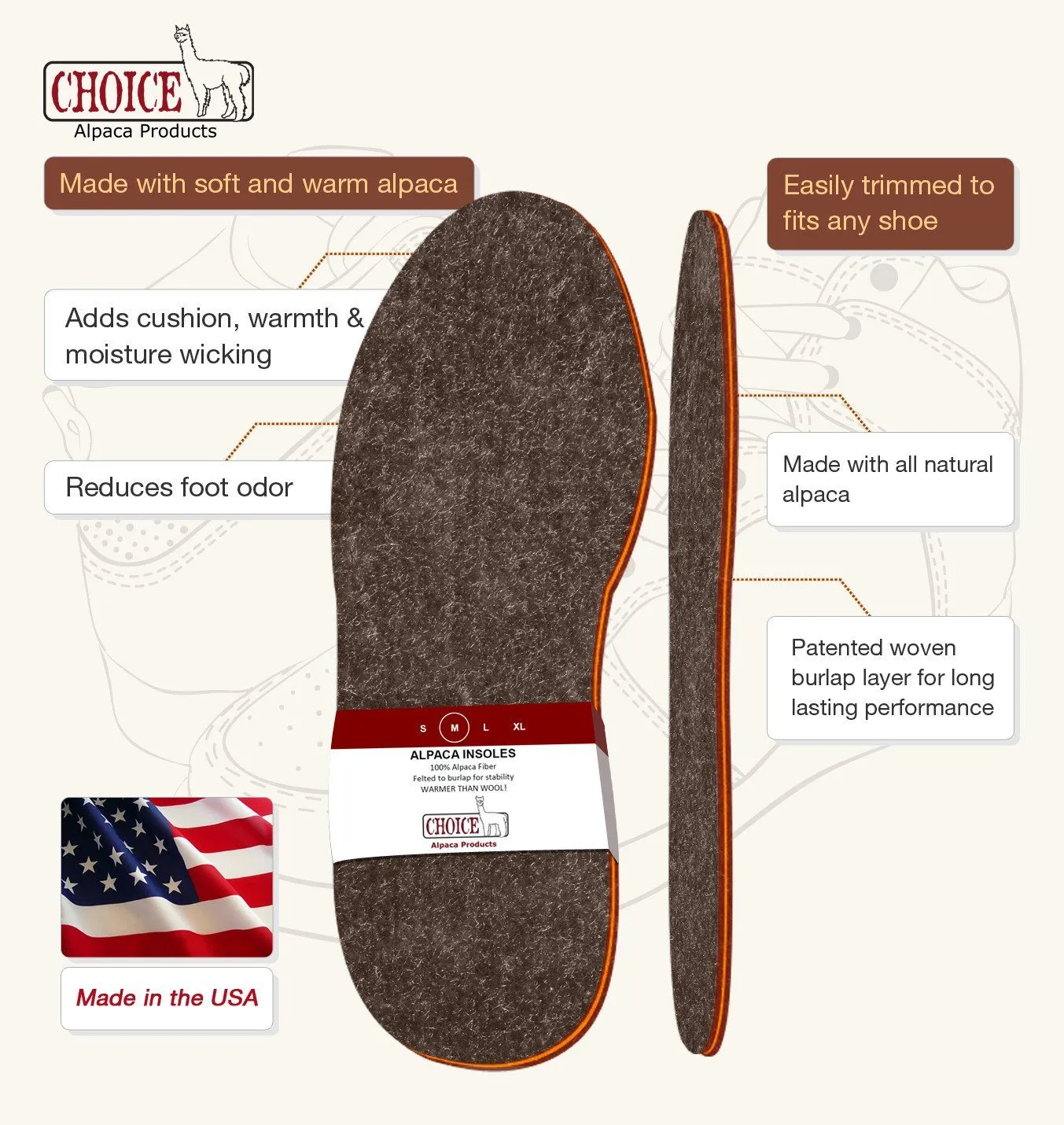 2-pack American Choice Alpaca Foot Warmers Shoe Inserts Insole Made in USA