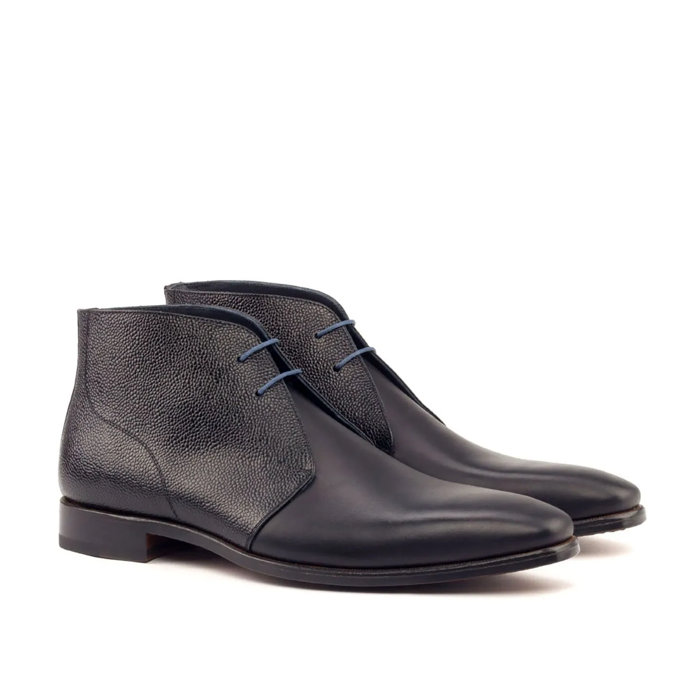 Ambrogio Bespoke Custom Men's Shoes Black & Navy Pebble Grain / Calf-Skin Leather Chukka Boots (AMB1940)