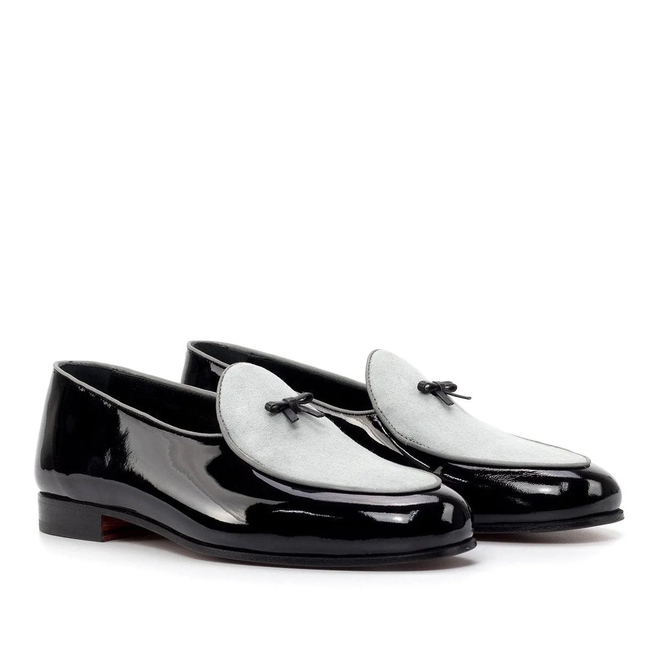 Ambrogio Bespoke Custom Men's Shoes Gray & Black Suede / Patent Leather Belgian Loafers (AMB2230)