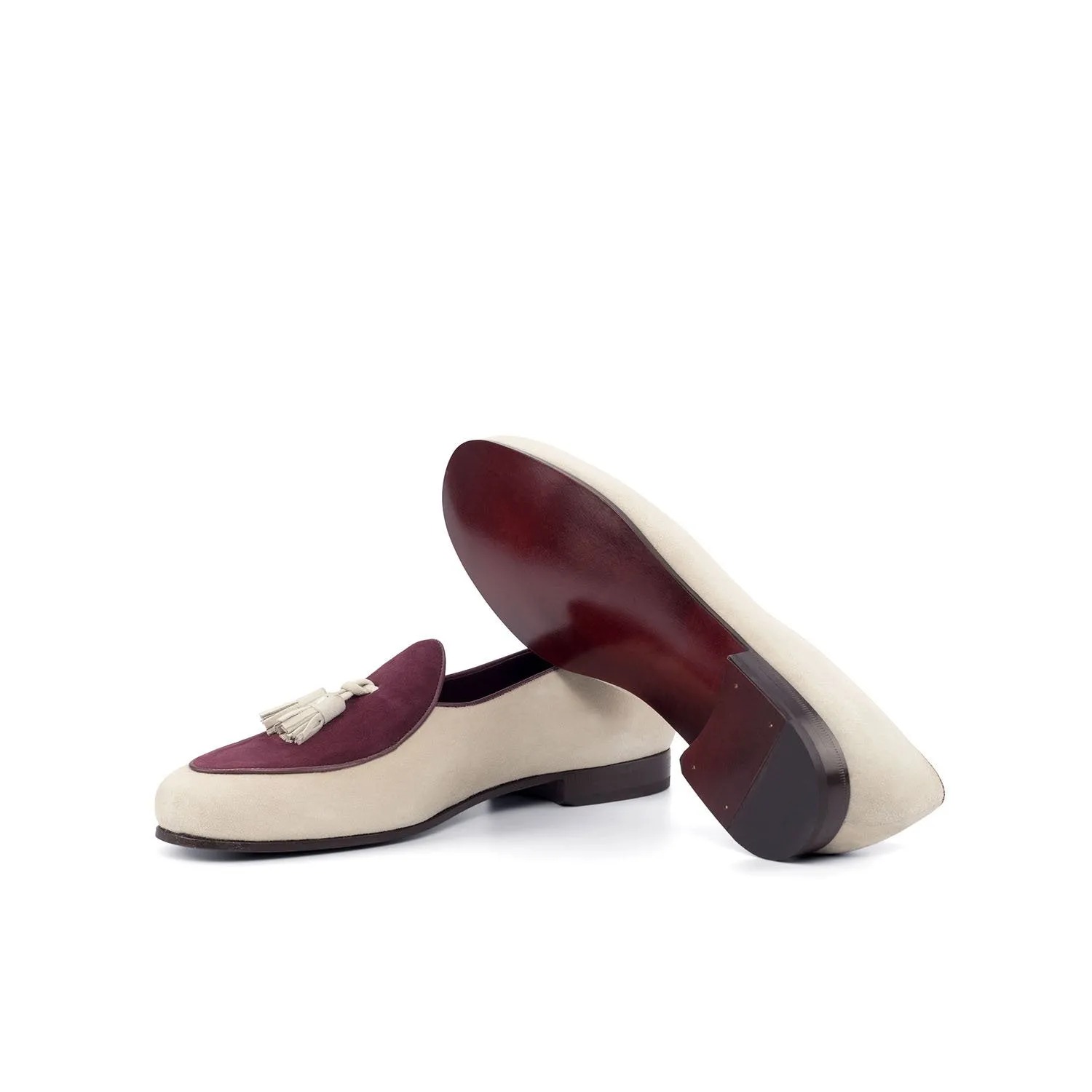 Ambrogio Bespoke Custom Men's Shoes Ivory & Burgundy Suede Leather Tassels Loafers (AMB1974)