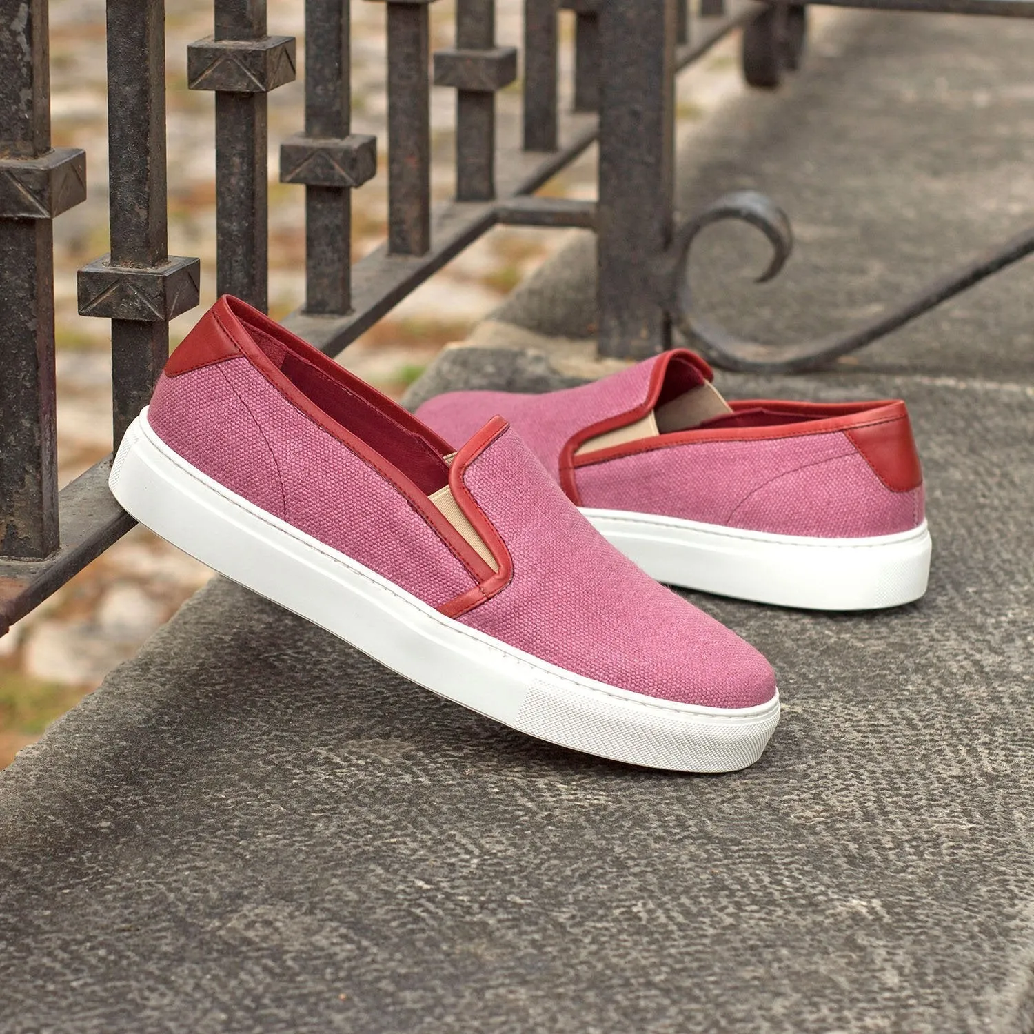 Ambrogio Bespoke Custom Women's Custom Made Shoes Plum & Red Linen / Suede Leather Slip-On Sneakers (AMBW1009)