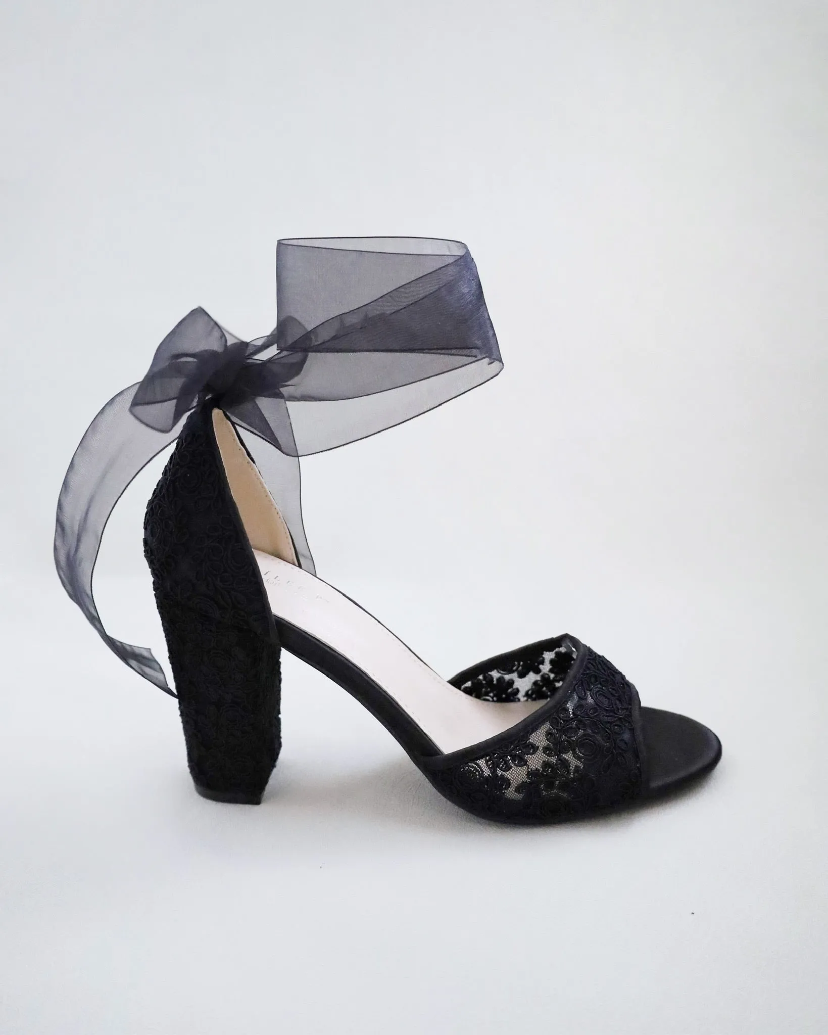 Black Crochet Lace Block Heel Evening Sandals with Wrapped Ribbon Tie