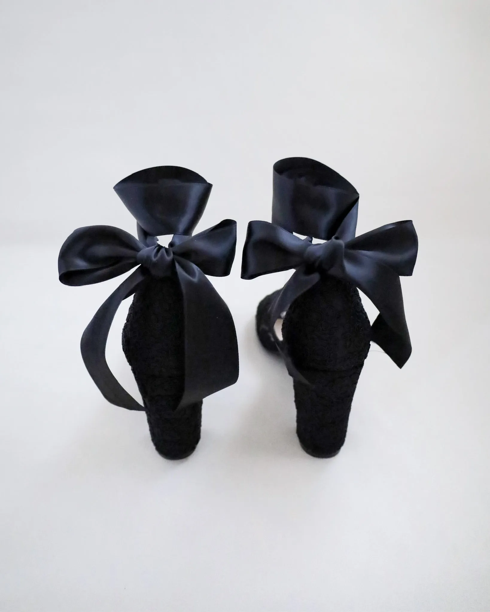 Black Crochet Lace Block Heel Evening Sandals with Wrapped Ribbon Tie