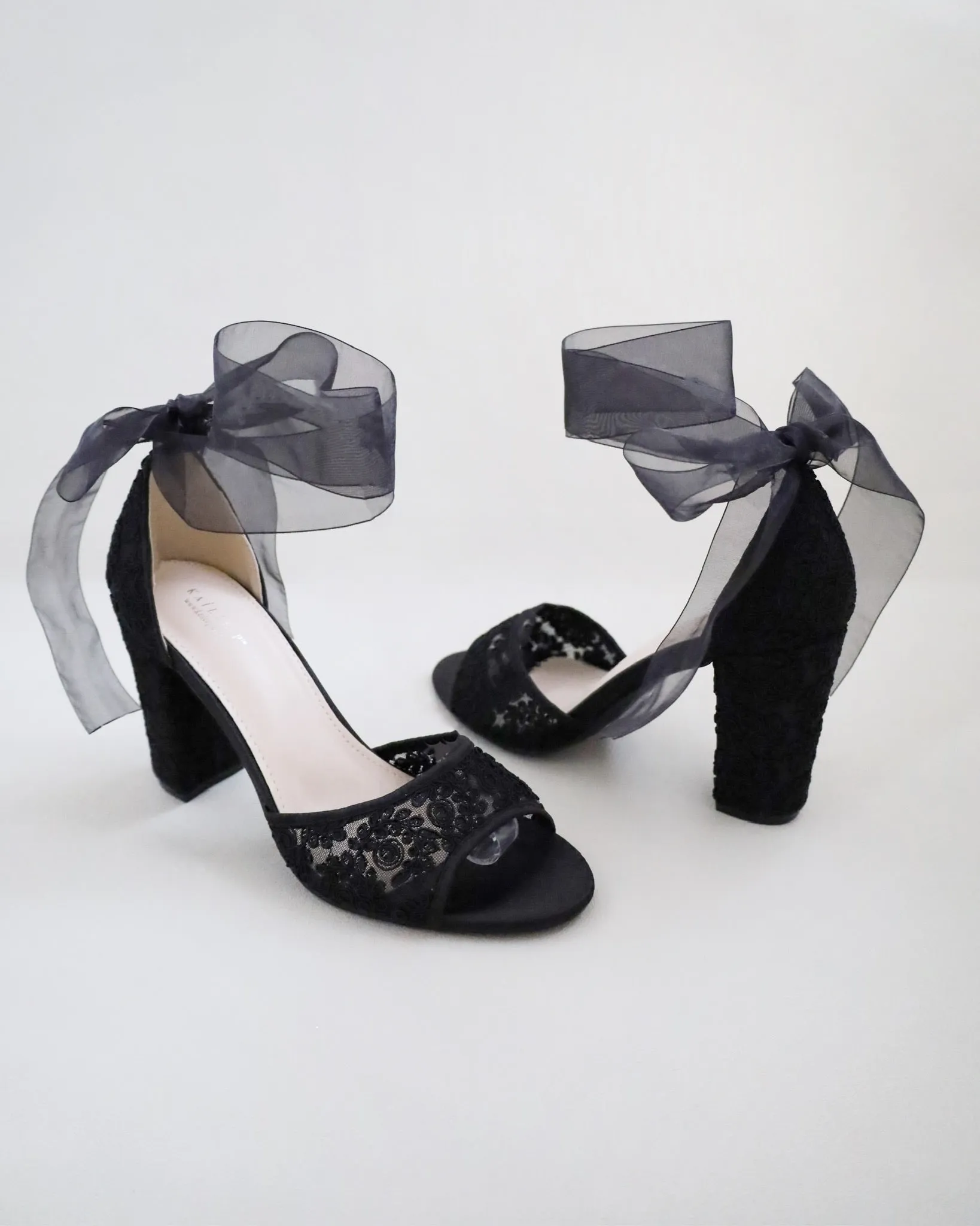 Black Crochet Lace Block Heel Evening Sandals with Wrapped Ribbon Tie