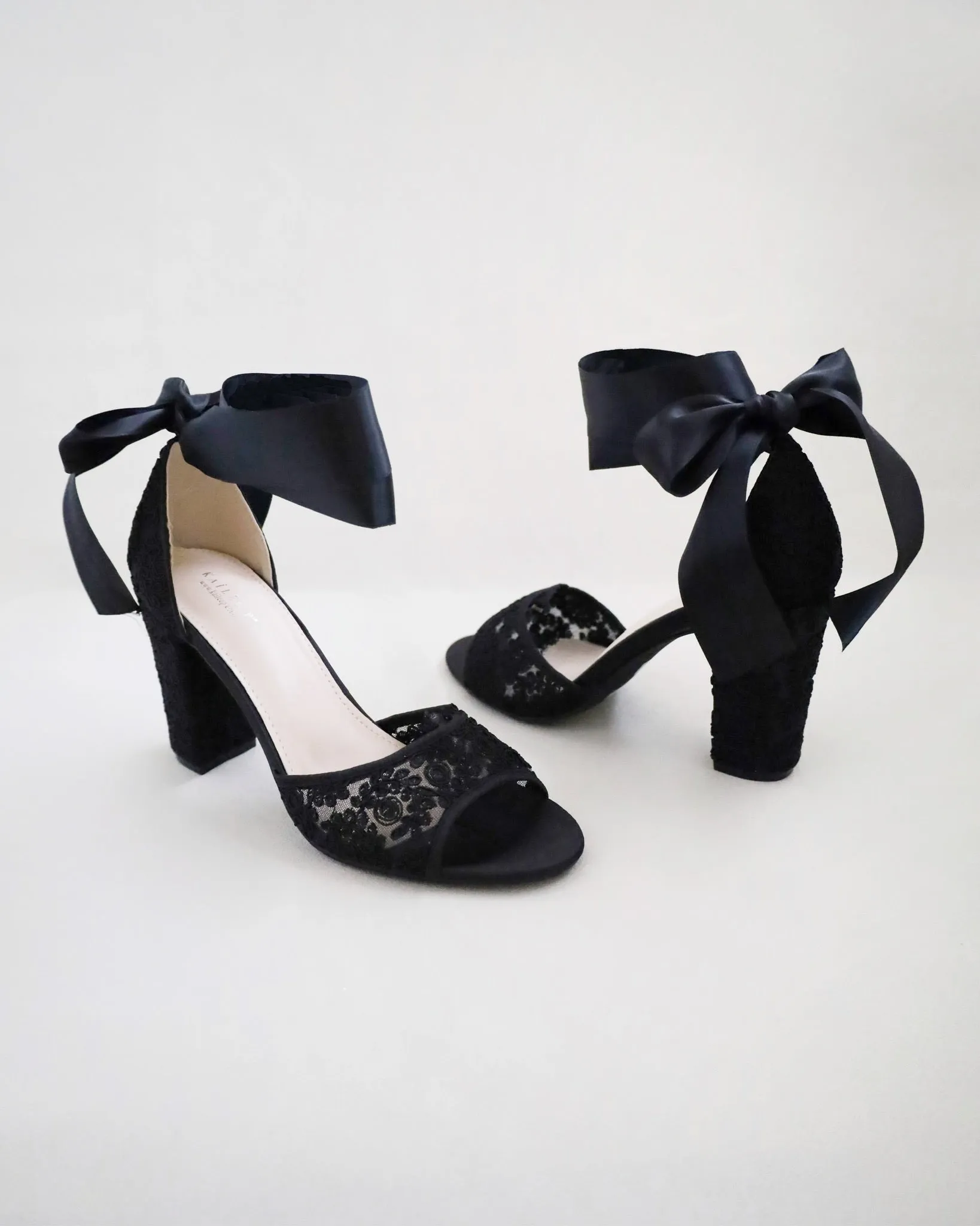 Black Crochet Lace Block Heel Evening Sandals with Wrapped Ribbon Tie