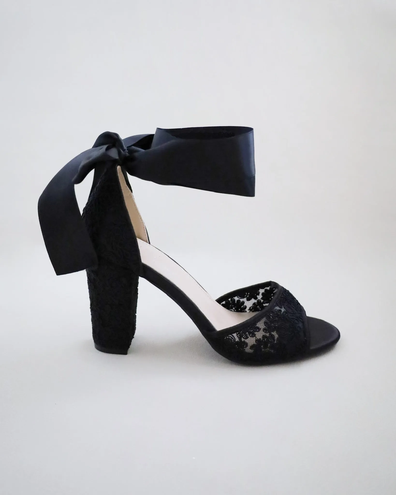 Black Crochet Lace Block Heel Evening Sandals with Wrapped Ribbon Tie