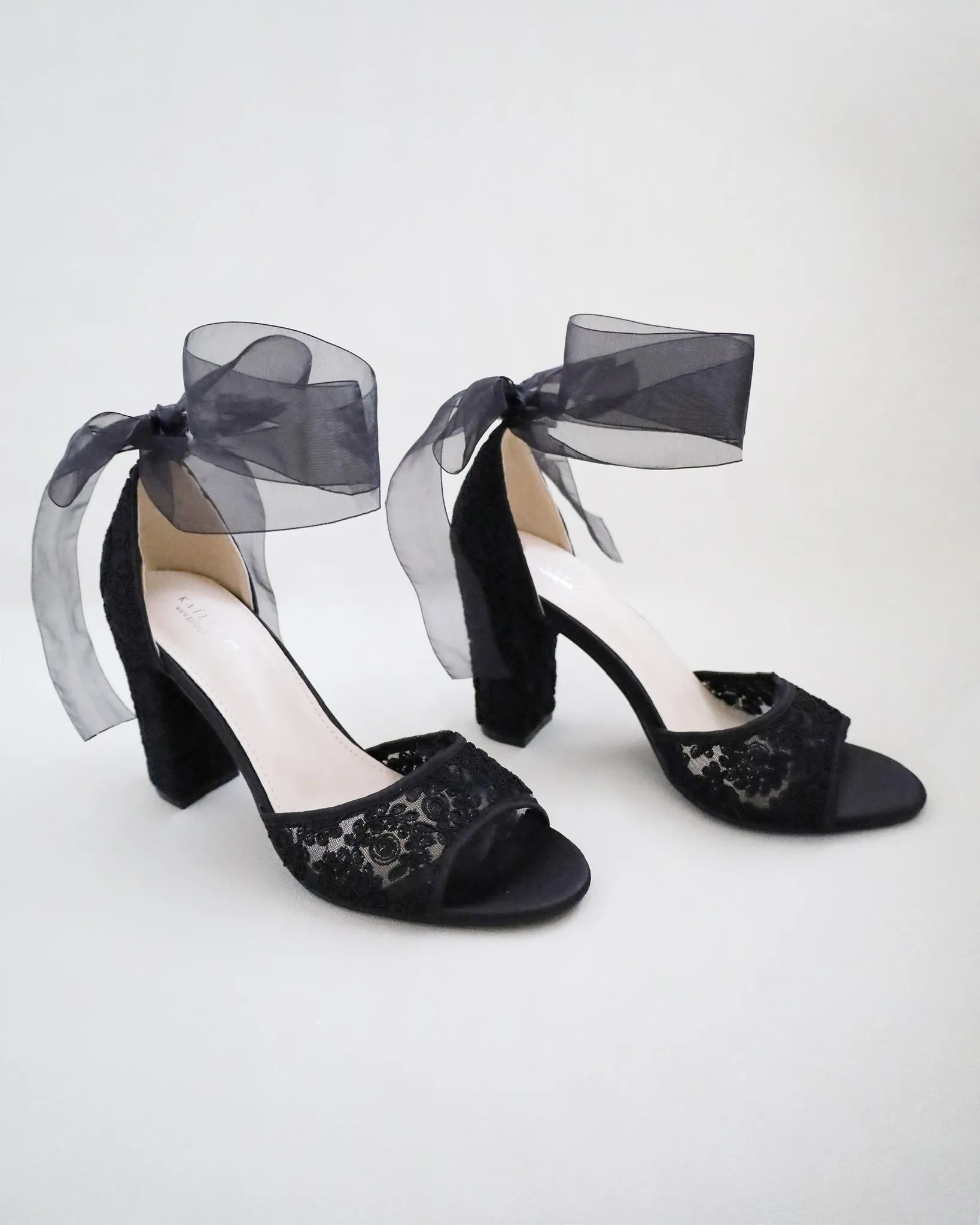 Black Crochet Lace Block Heel Evening Sandals with Wrapped Ribbon Tie