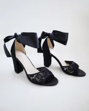 Black Crochet Lace Block Heel Evening Sandals with Wrapped Ribbon Tie