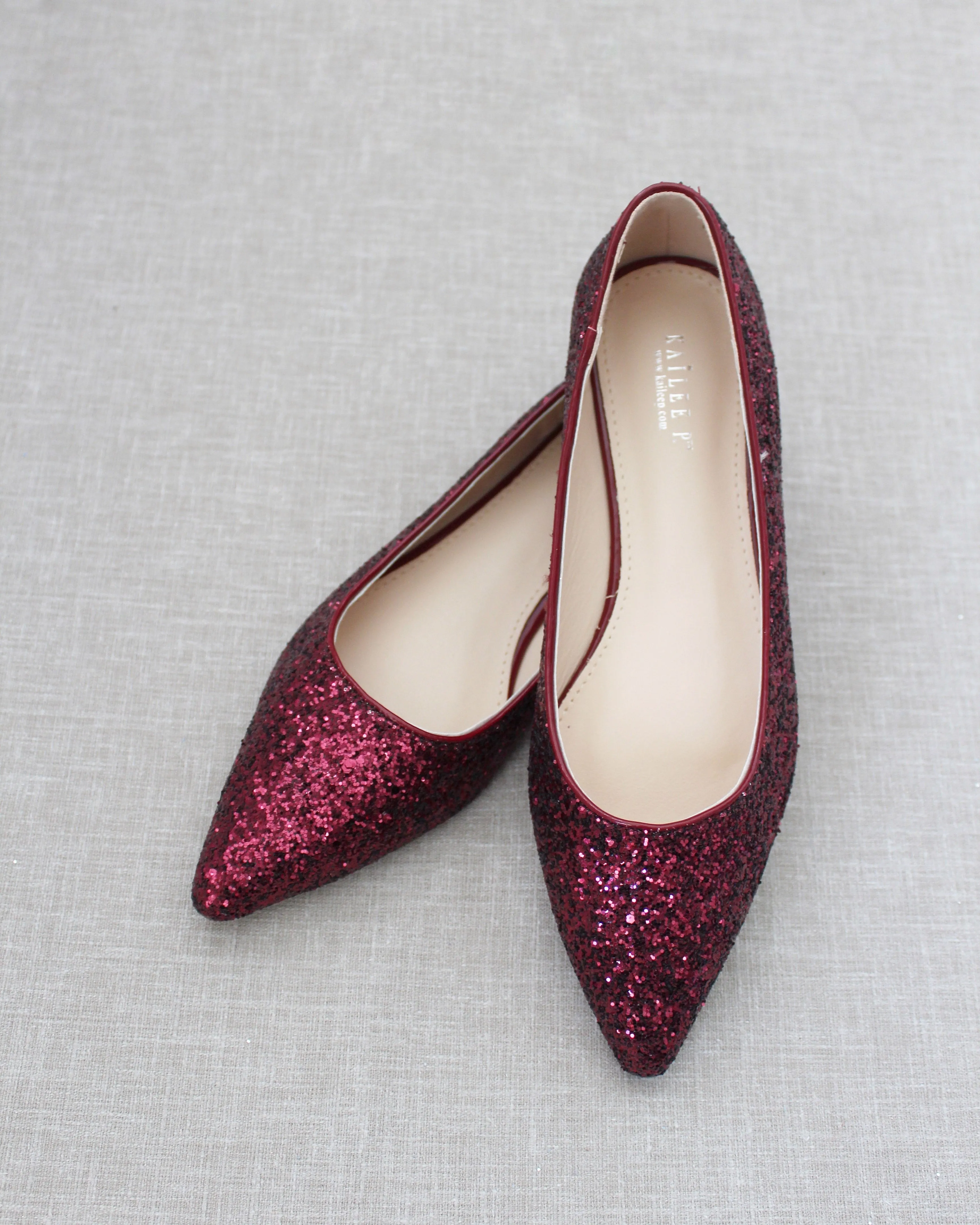 Burgundy Pointy Toe Glitter Flats