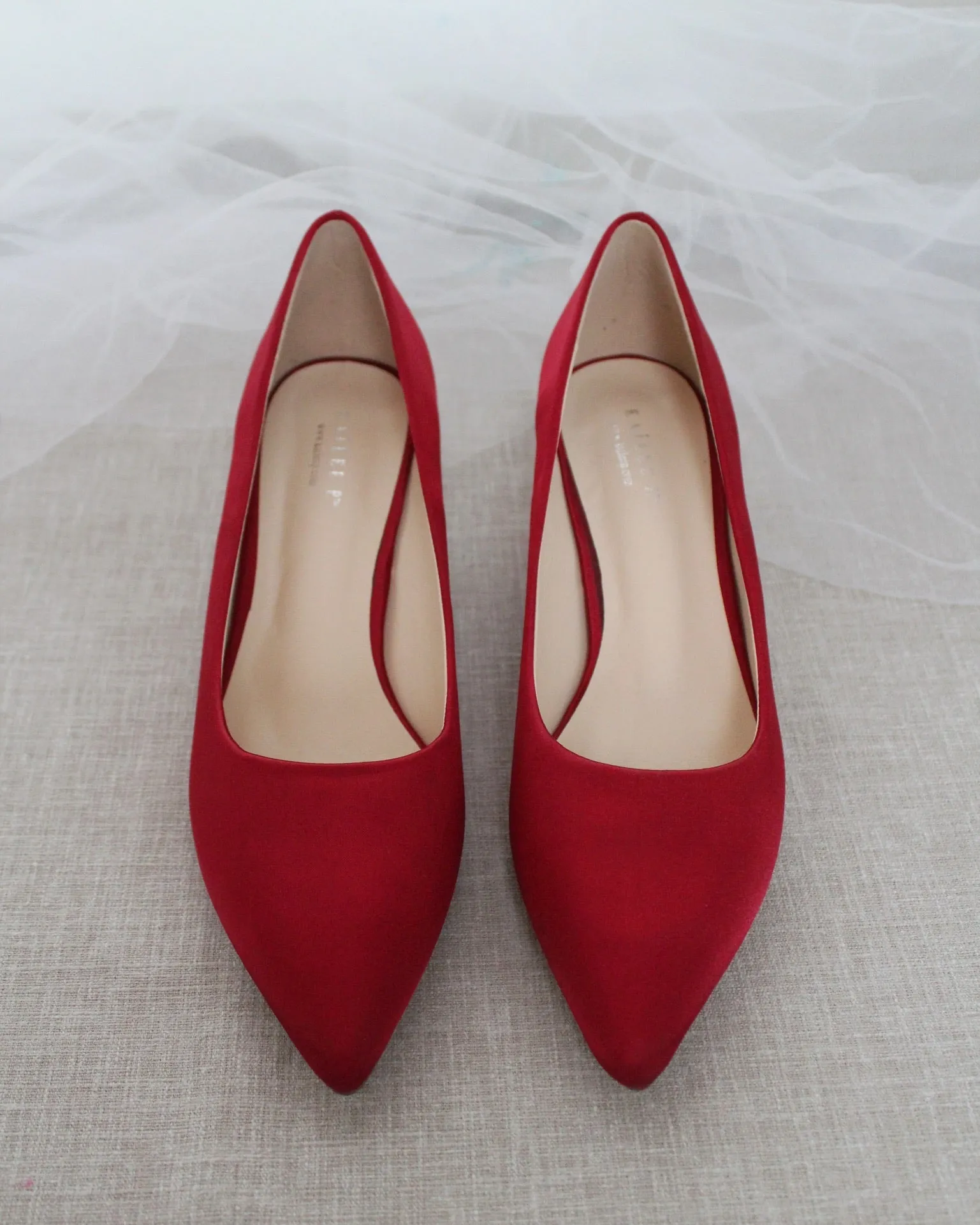 Burgundy Satin Pointy Toe Pump Low Heel