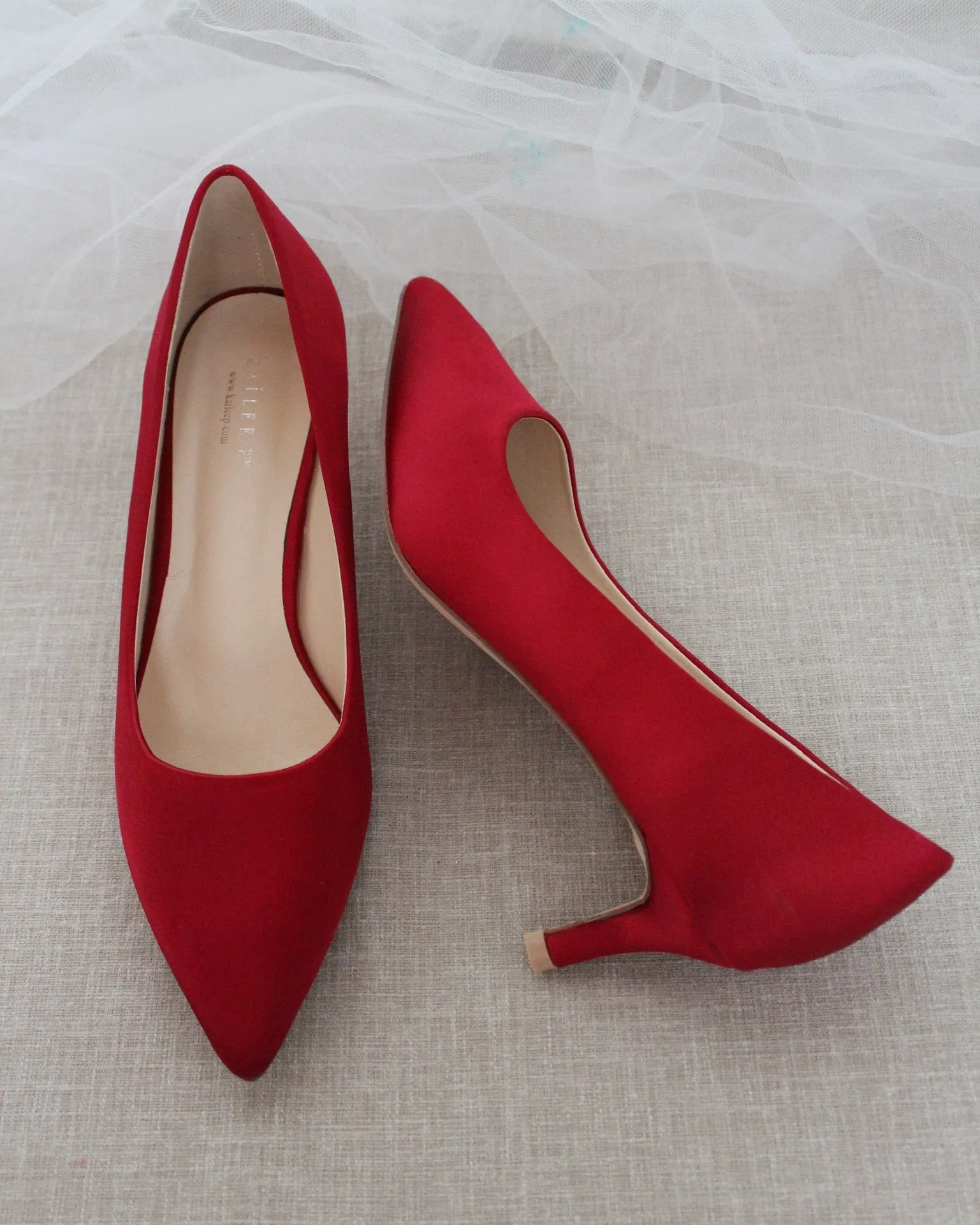 Burgundy Satin Pointy Toe Pump Low Heel