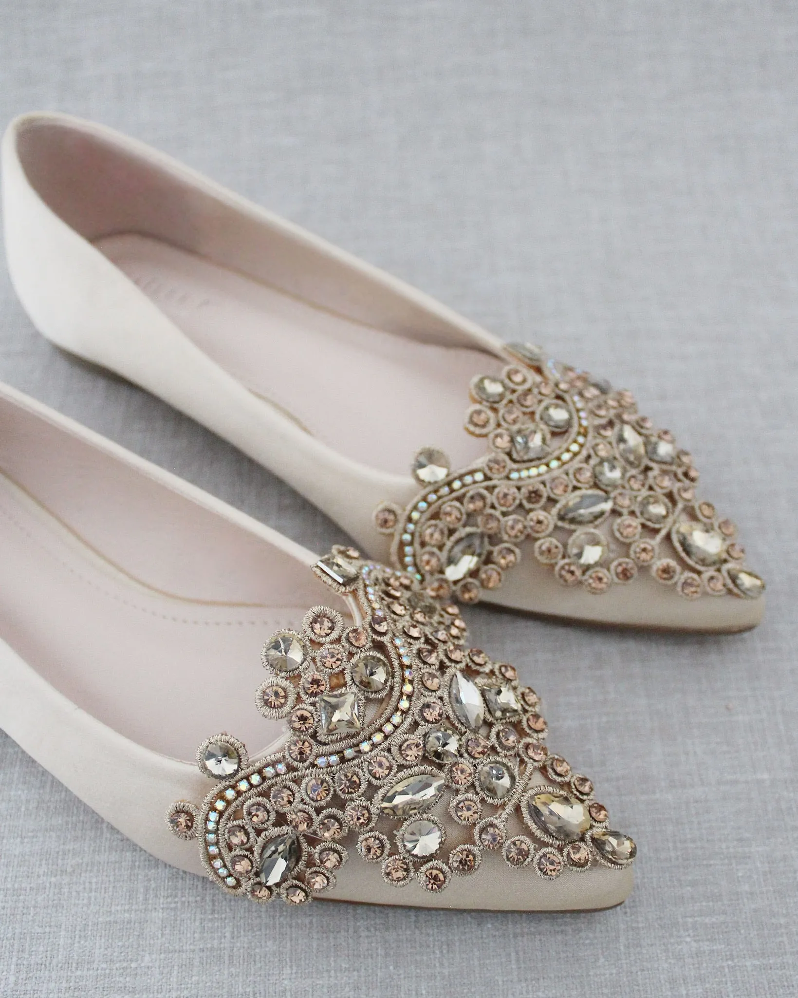 Champagne Embellished Rhinestone Evening Flats