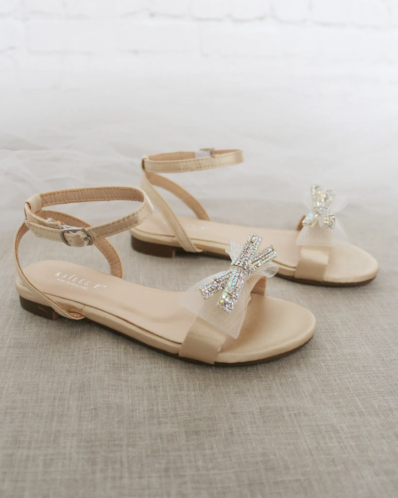 Champagne Satin Flat Sandal with Mini Mesh Rhinestones Bow and Ankle Strap