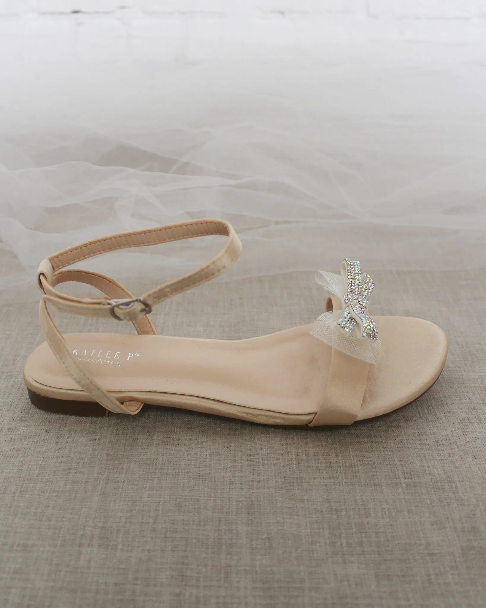 Champagne Satin Flat Sandal with Mini Mesh Rhinestones Bow and Ankle Strap