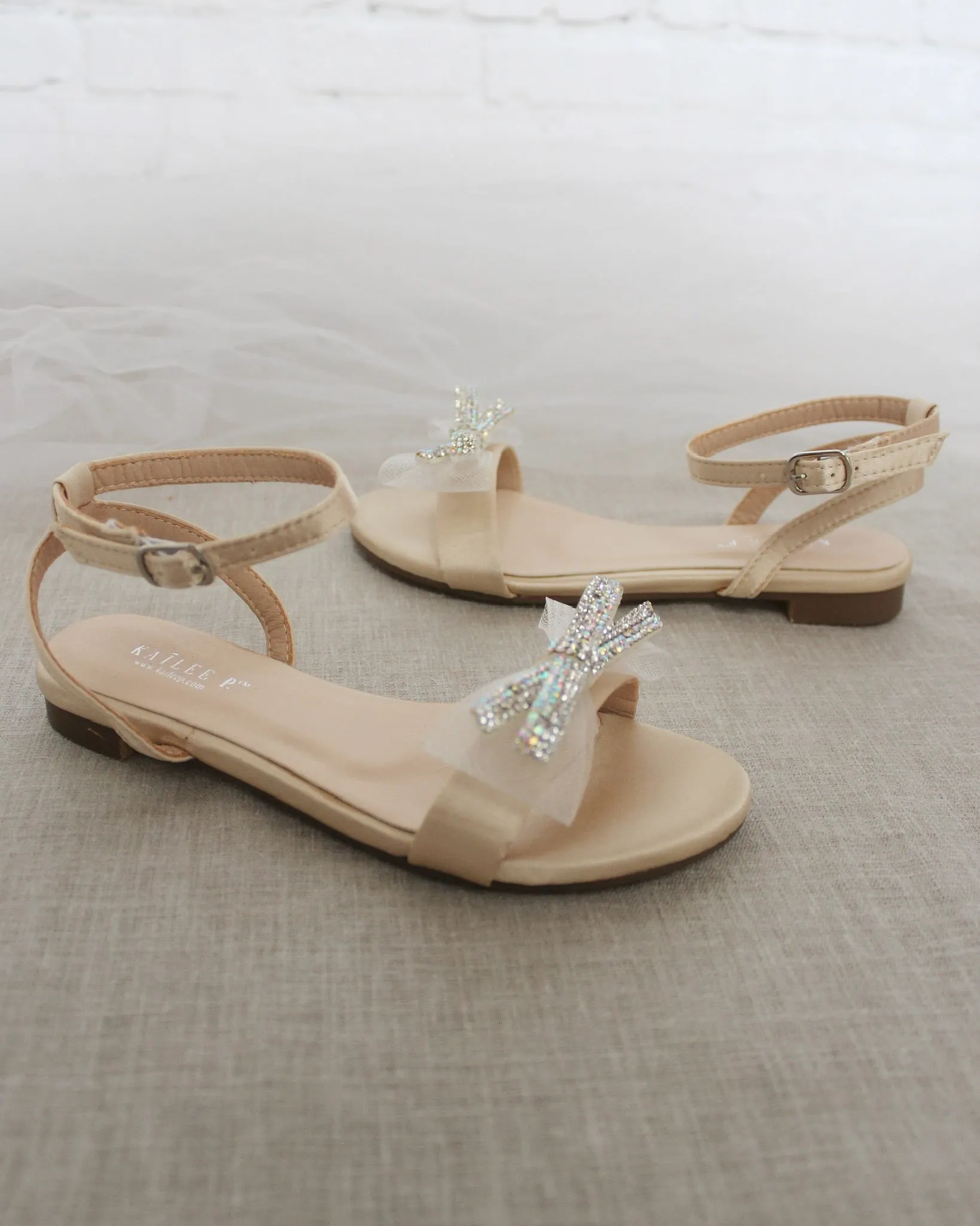 Champagne Satin Flat Sandal with Mini Mesh Rhinestones Bow and Ankle Strap