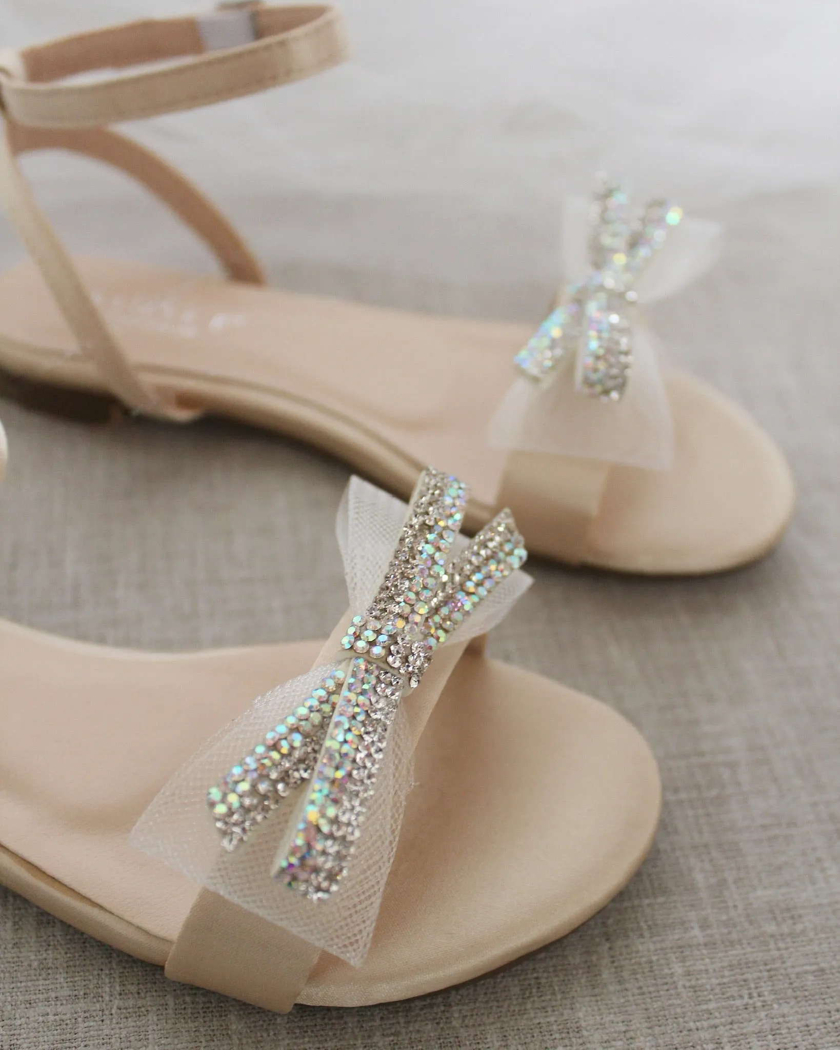 Champagne Satin Flat Sandal with Mini Mesh Rhinestones Bow and Ankle Strap