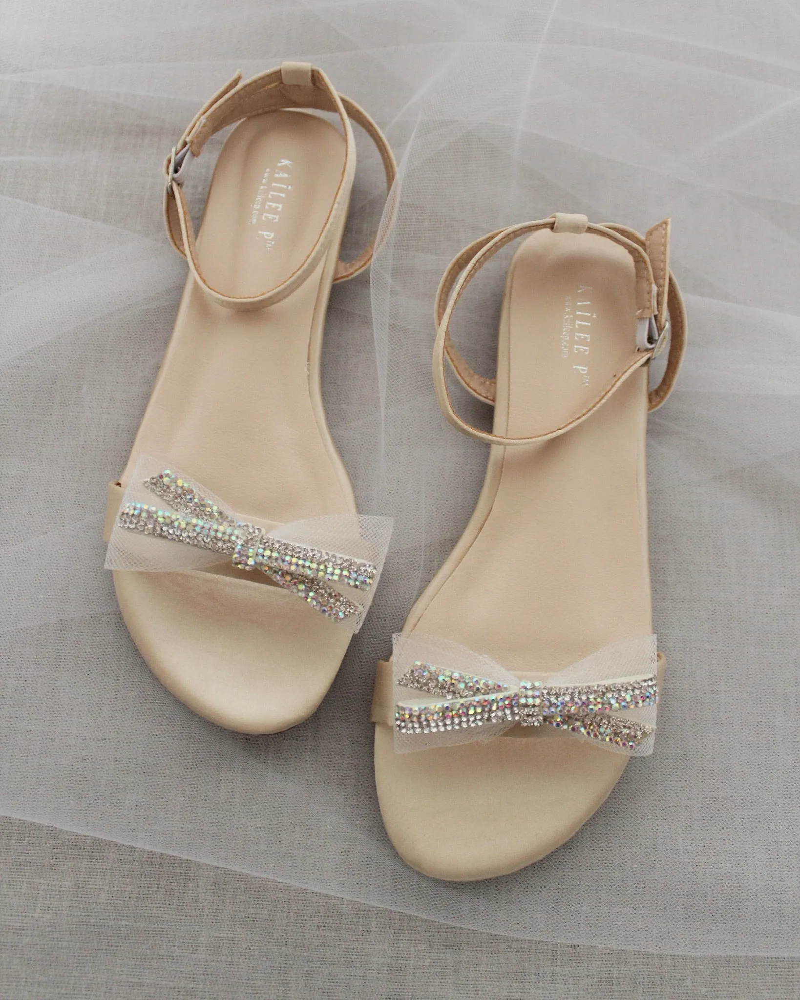 Champagne Satin Flat Sandal with Mini Mesh Rhinestones Bow and Ankle Strap