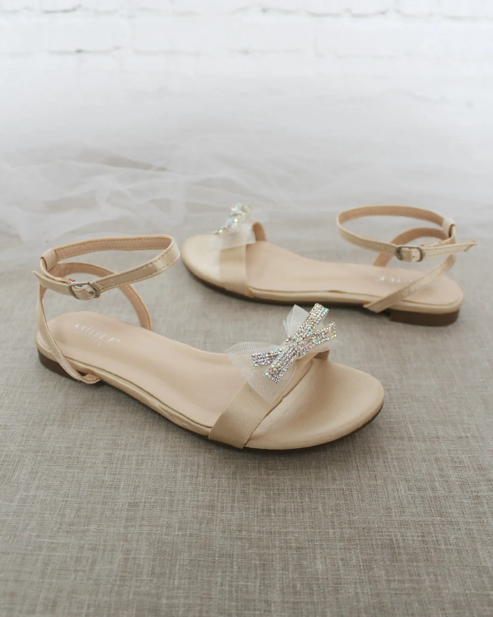 Champagne Satin Flat Sandal with Mini Mesh Rhinestones Bow and Ankle Strap