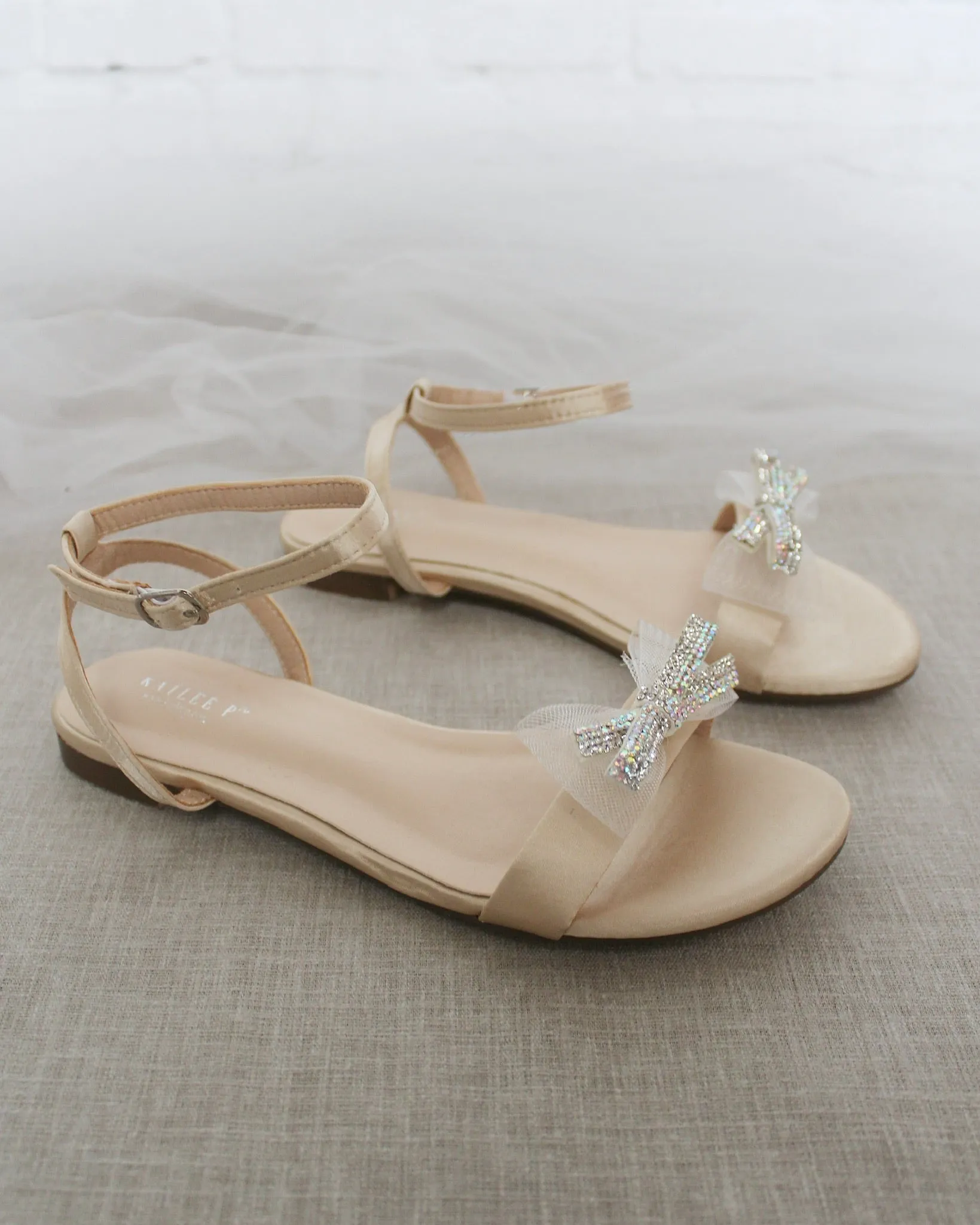 Champagne Satin Flat Sandal with Mini Mesh Rhinestones Bow and Ankle Strap