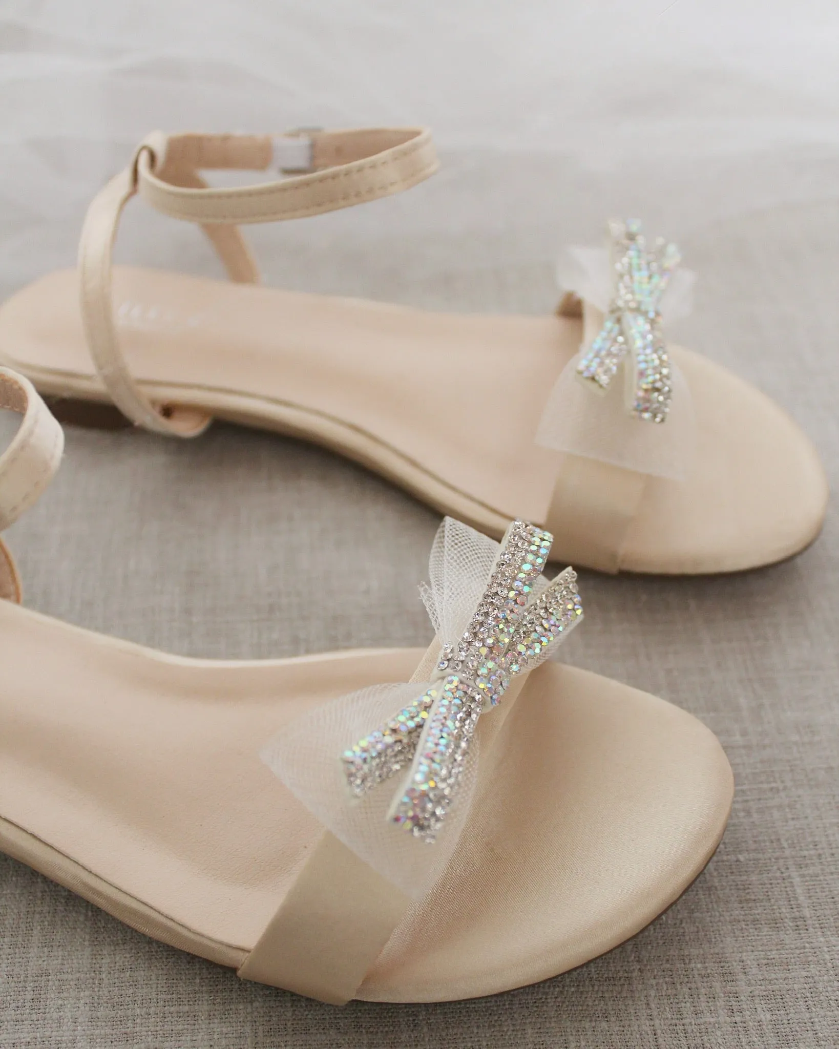 Champagne Satin Flat Sandal with Mini Mesh Rhinestones Bow and Ankle Strap