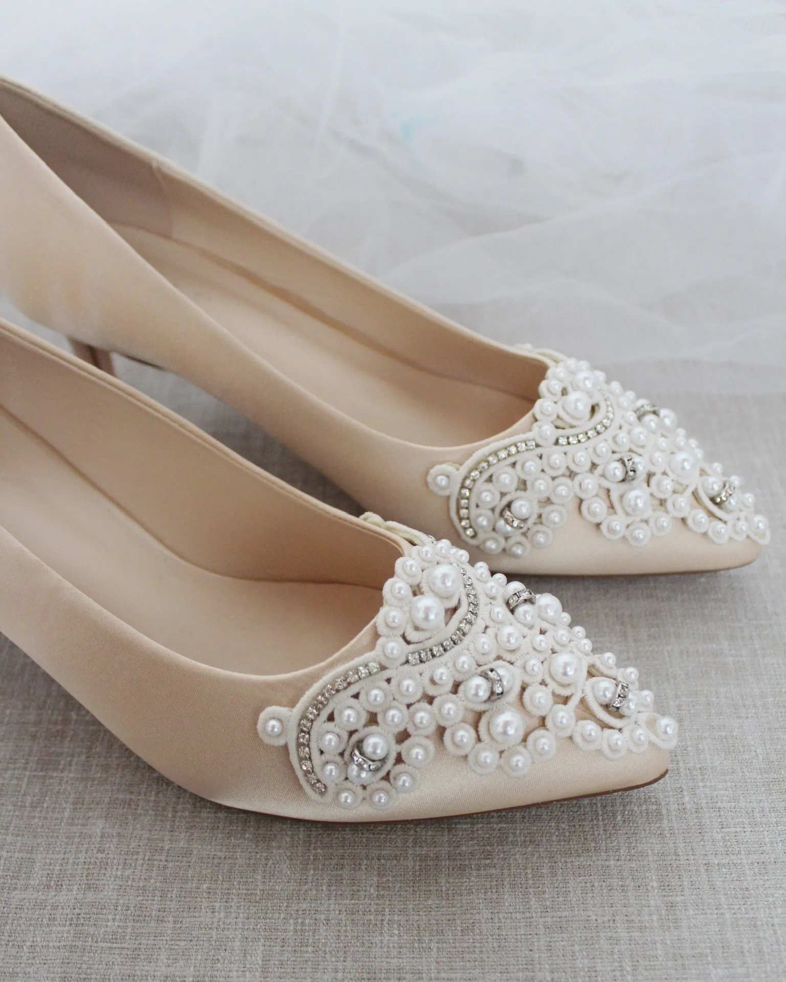 Champagne Satin Pointy Toe Pump Low Heel with Oversized Pearls Applique