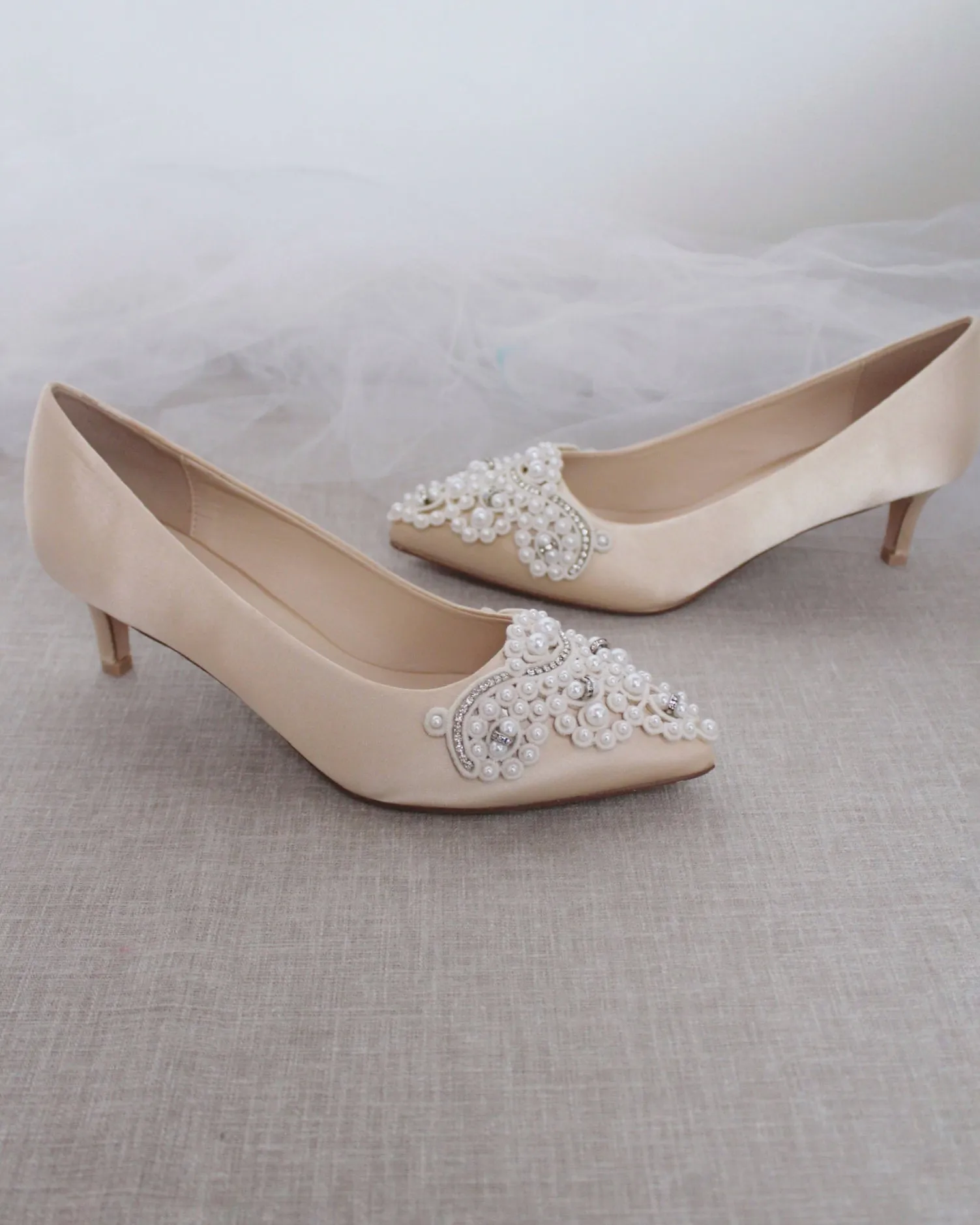 Champagne Satin Pointy Toe Pump Low Heel with Oversized Pearls Applique