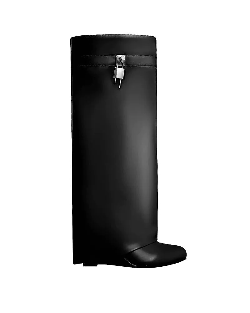 Decorative Lock Knee High Fold Over Boots