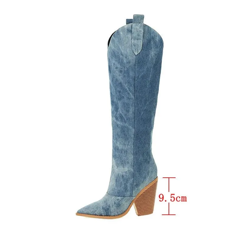 Denim Western Women Knee High  Boots Wedges High Heel Cowboy Boots Slip On Autumn Winter Woman Shoes Big Size 34-43