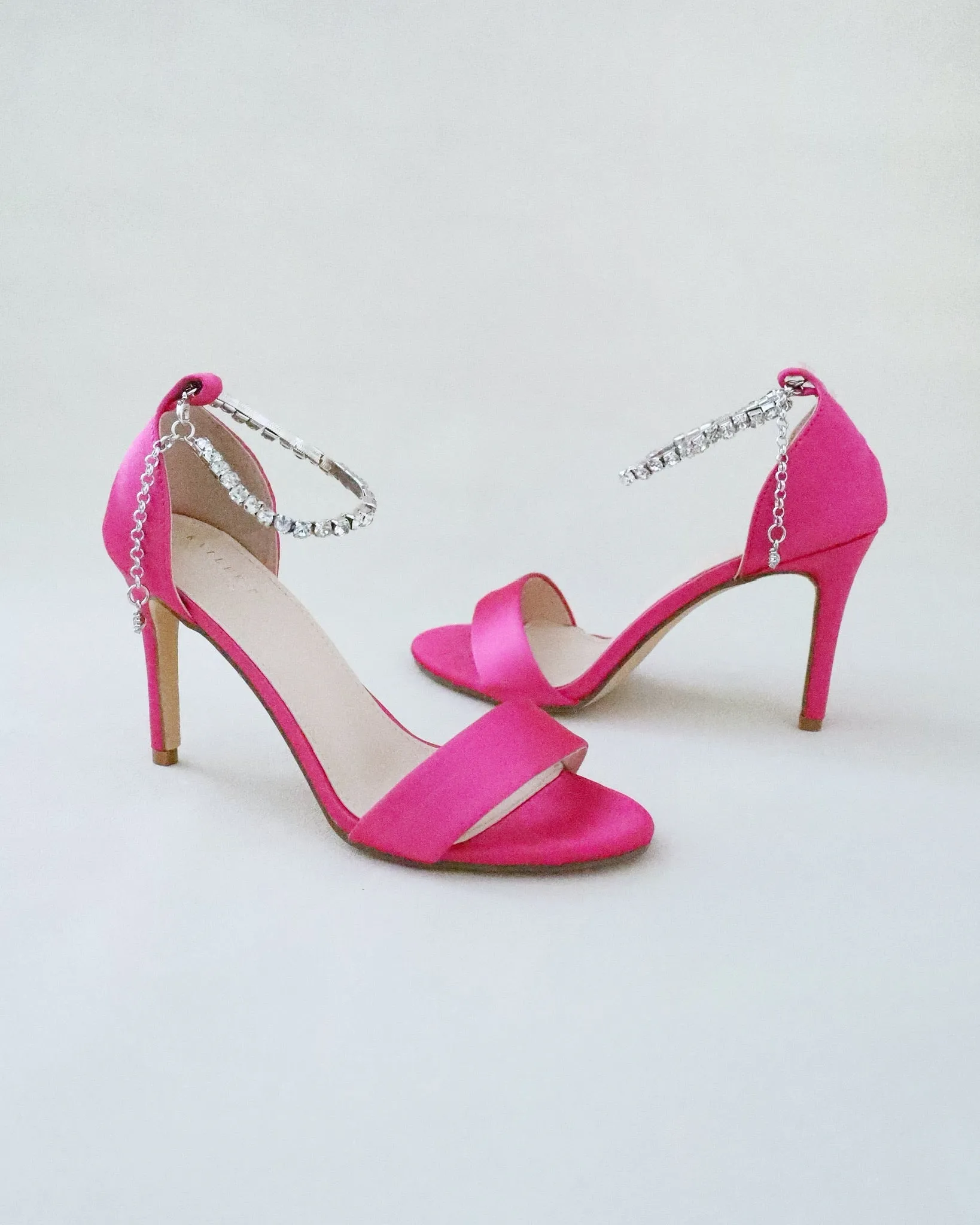 Fuchsia Satin High Heel Evening Sandals with Eternity Rhinestones Strap