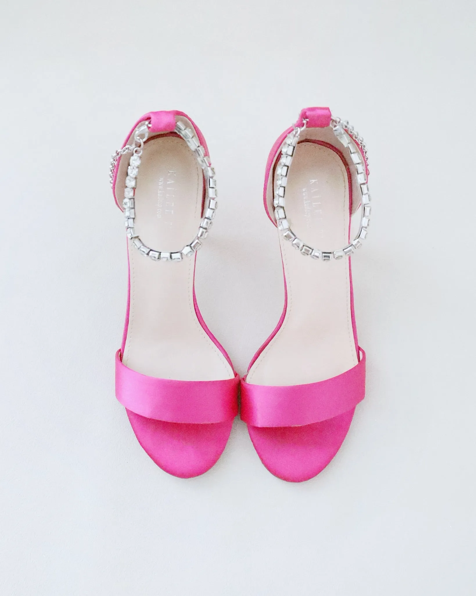 Fuchsia Satin High Heel Evening Sandals with Eternity Rhinestones Strap