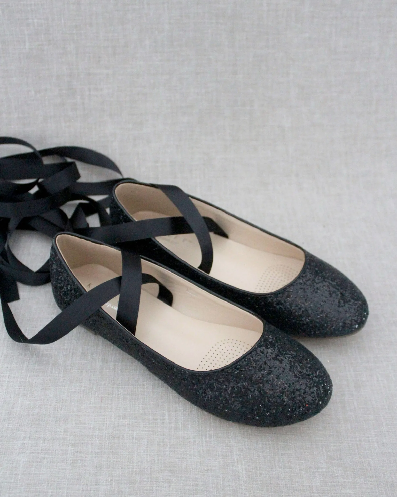 Glitter Evening Flats with Satin Ties