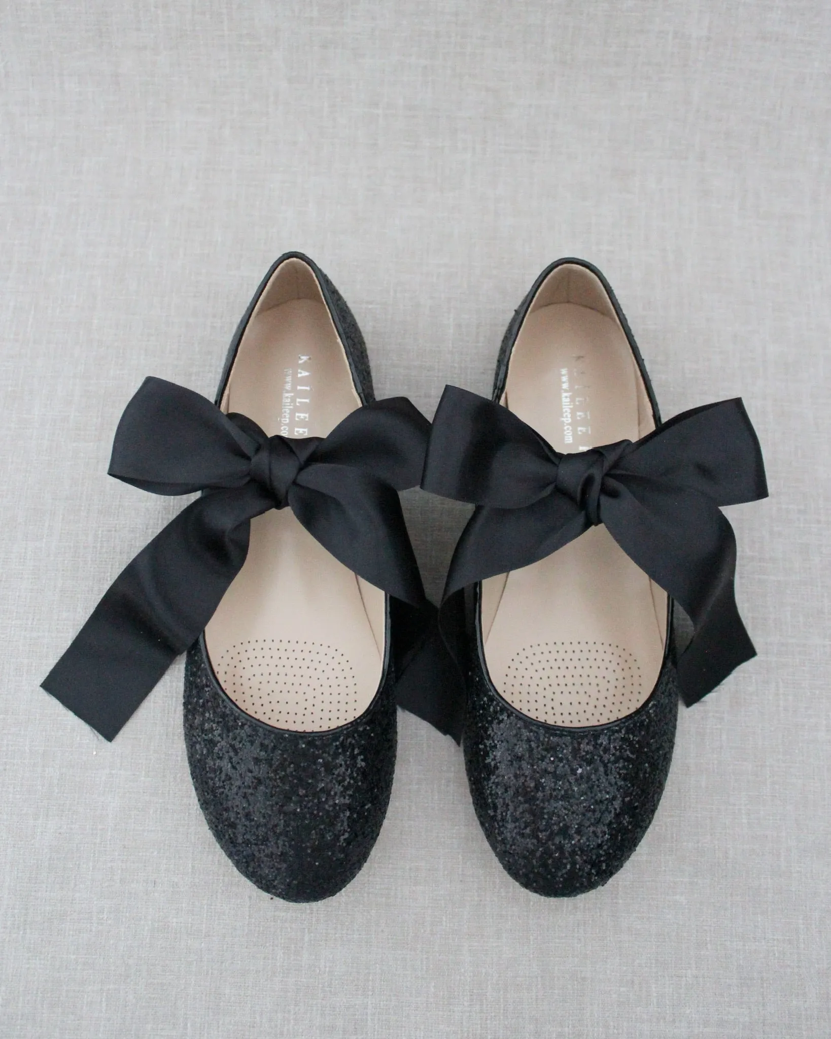 Glitter Evening Flats with Satin Ties