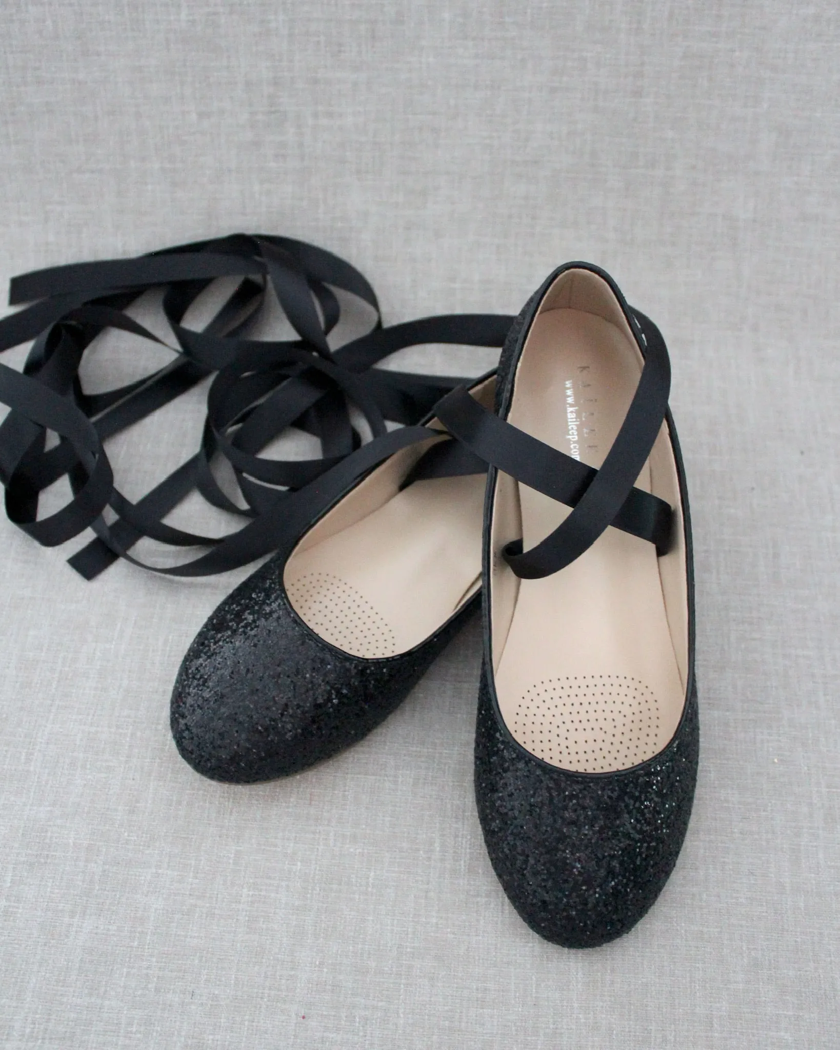 Glitter Evening Flats with Satin Ties