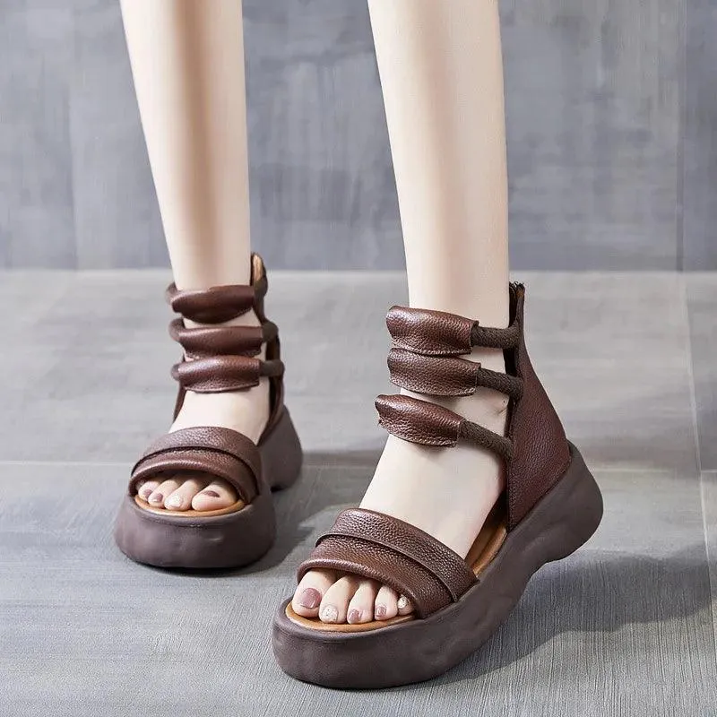 GO1244 Women's Casual Shoes: Handmade Leather Thick-soled Sandal Boots