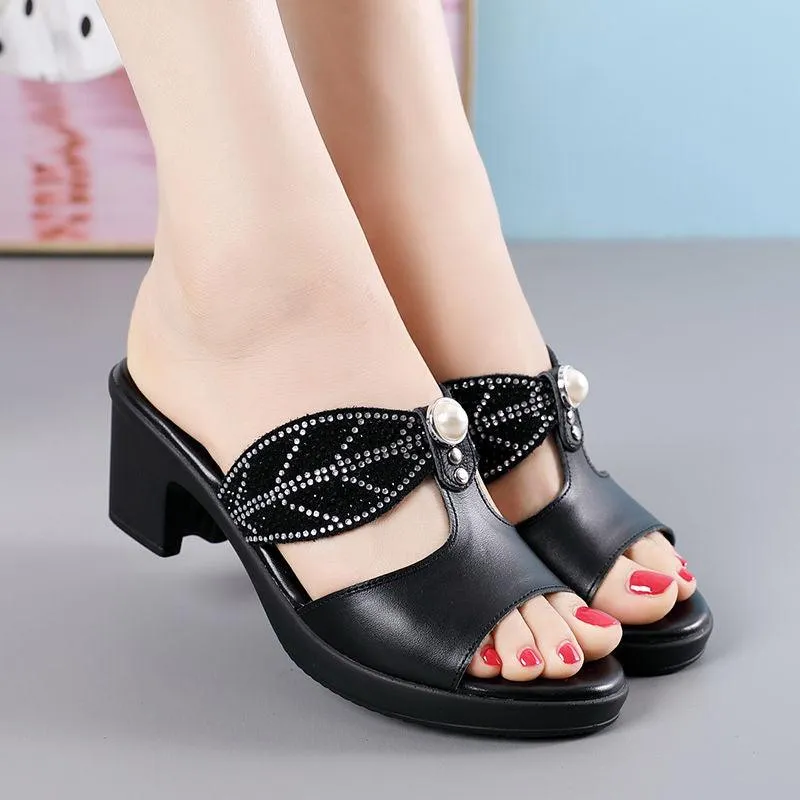 High Heel Rhinestone Leather Women's Casual Shoes - TZ315