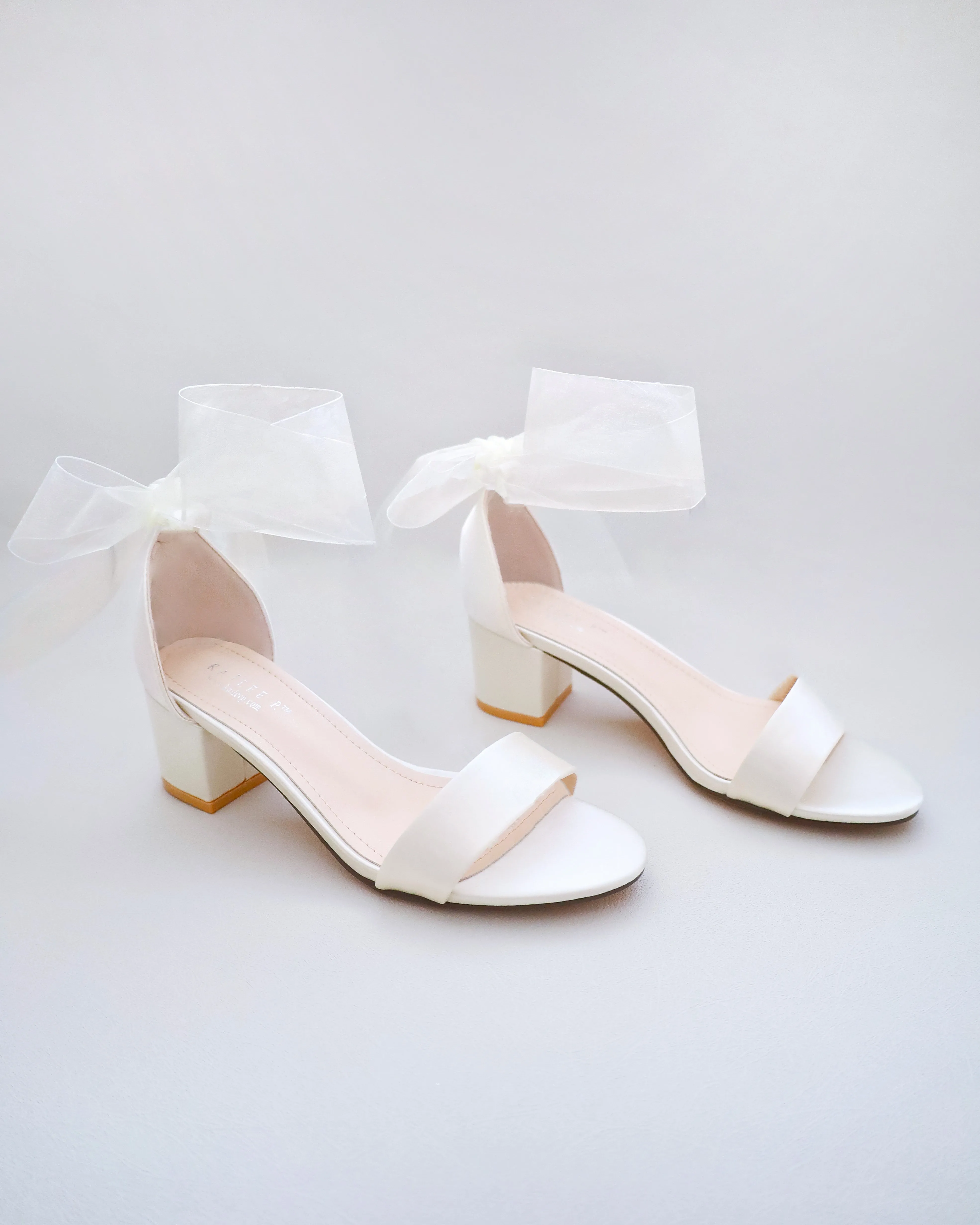 Ivory Satin Block Heel Sandal with Wrapped Satin Tie