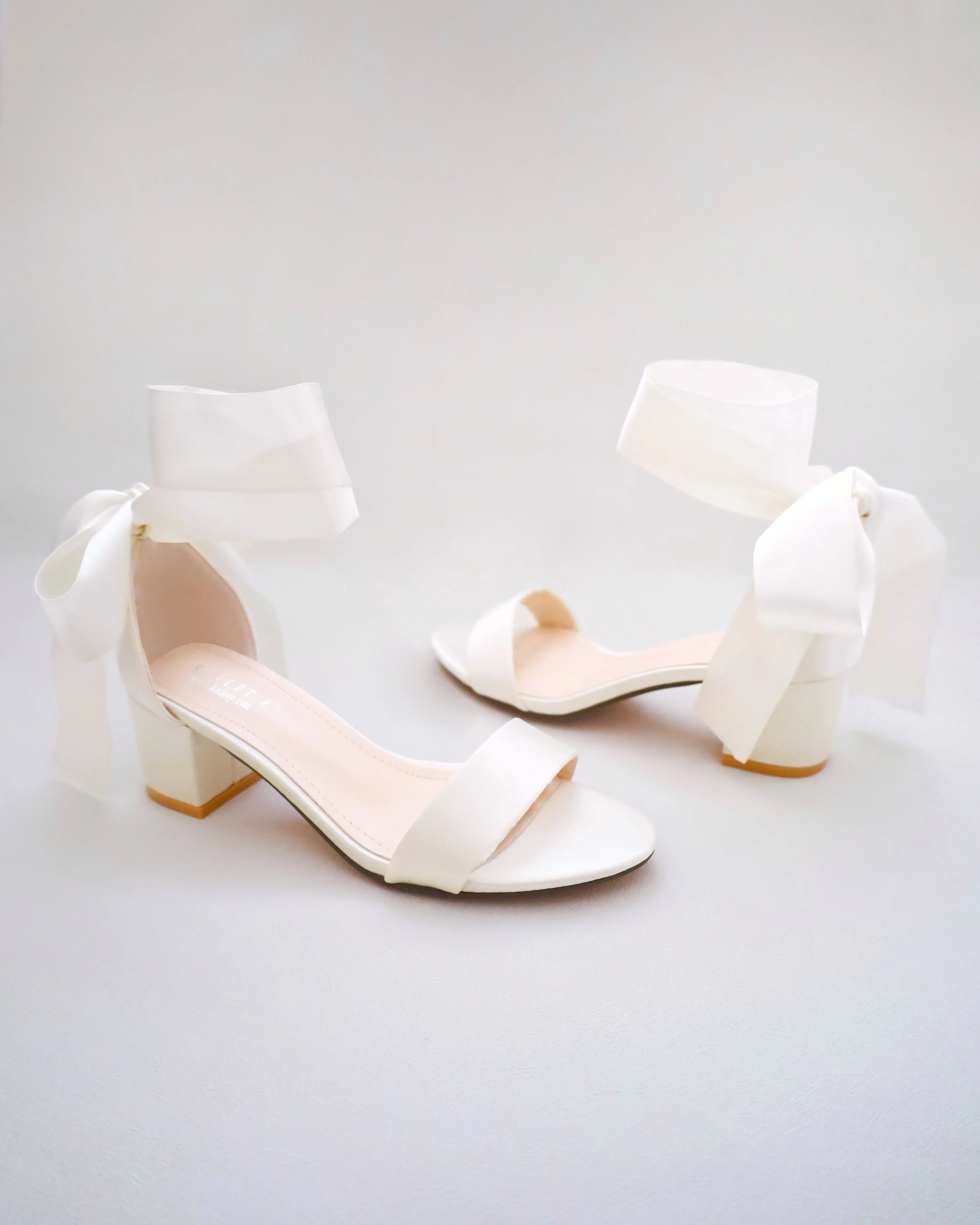 Ivory Satin Block Heel Sandal with Wrapped Satin Tie