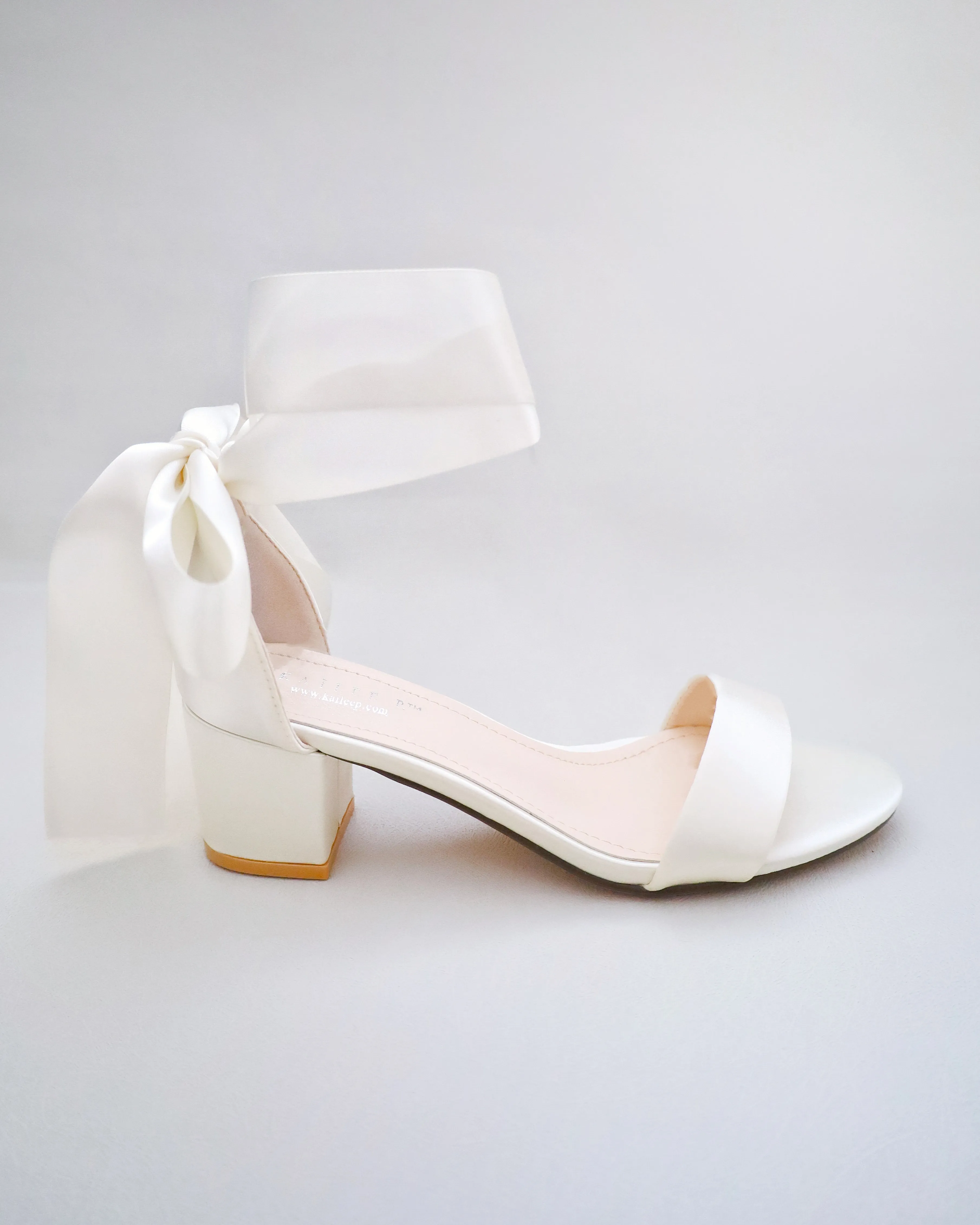 Ivory Satin Block Heel Sandal with Wrapped Satin Tie