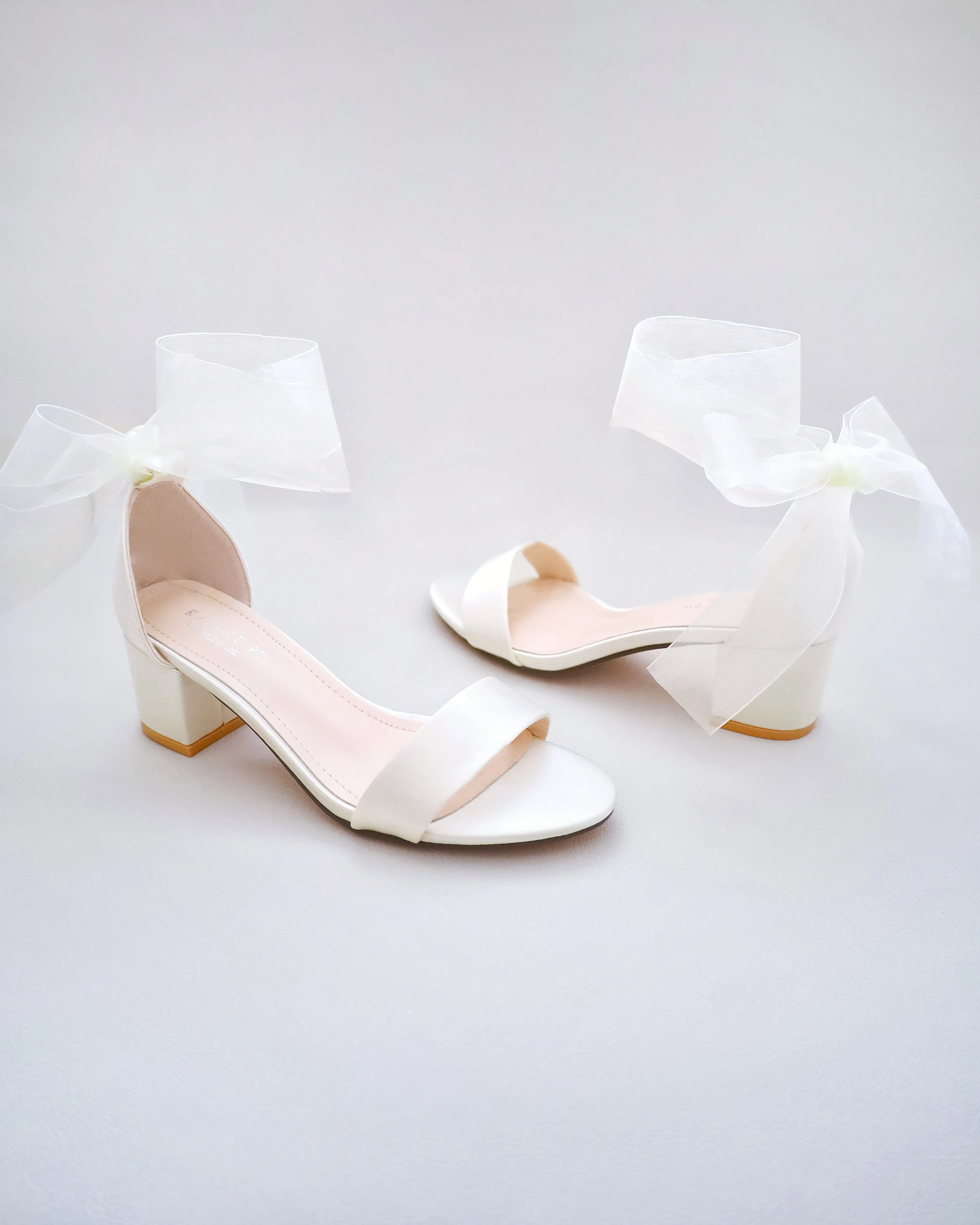 Ivory Satin Block Heel Sandal with Wrapped Satin Tie