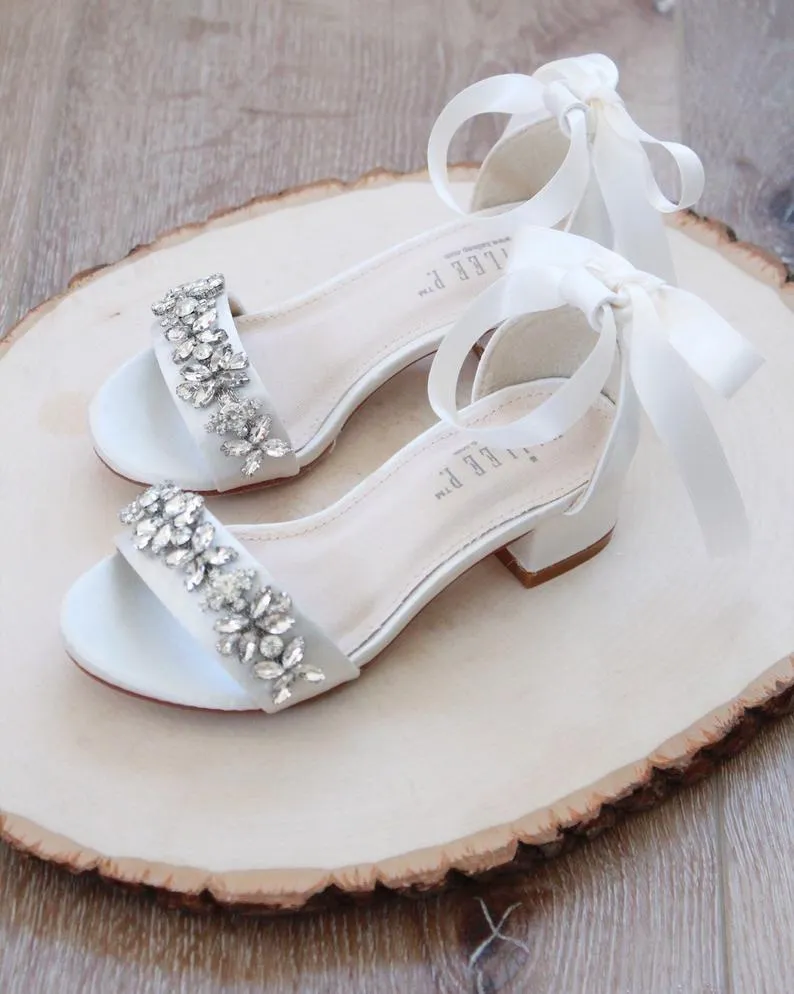 Ivory Satin Block Heel Sandals with Floral Rhinestones