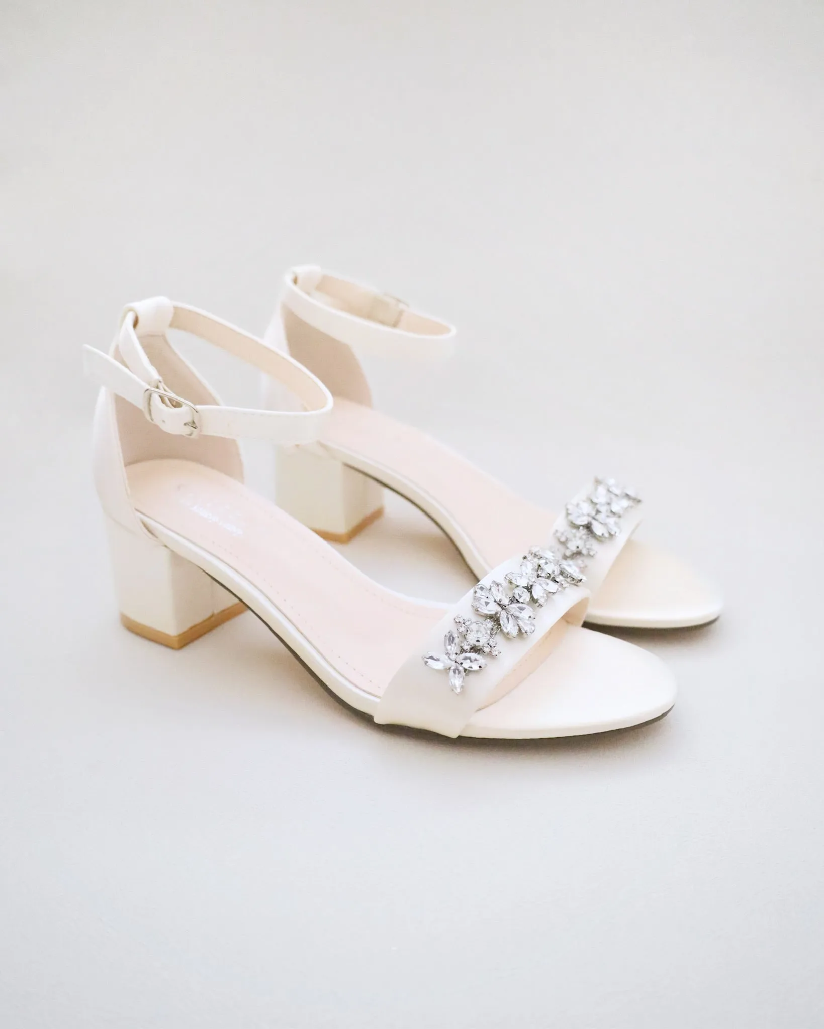 Ivory Satin Block Heel Sandals with Floral Rhinestones