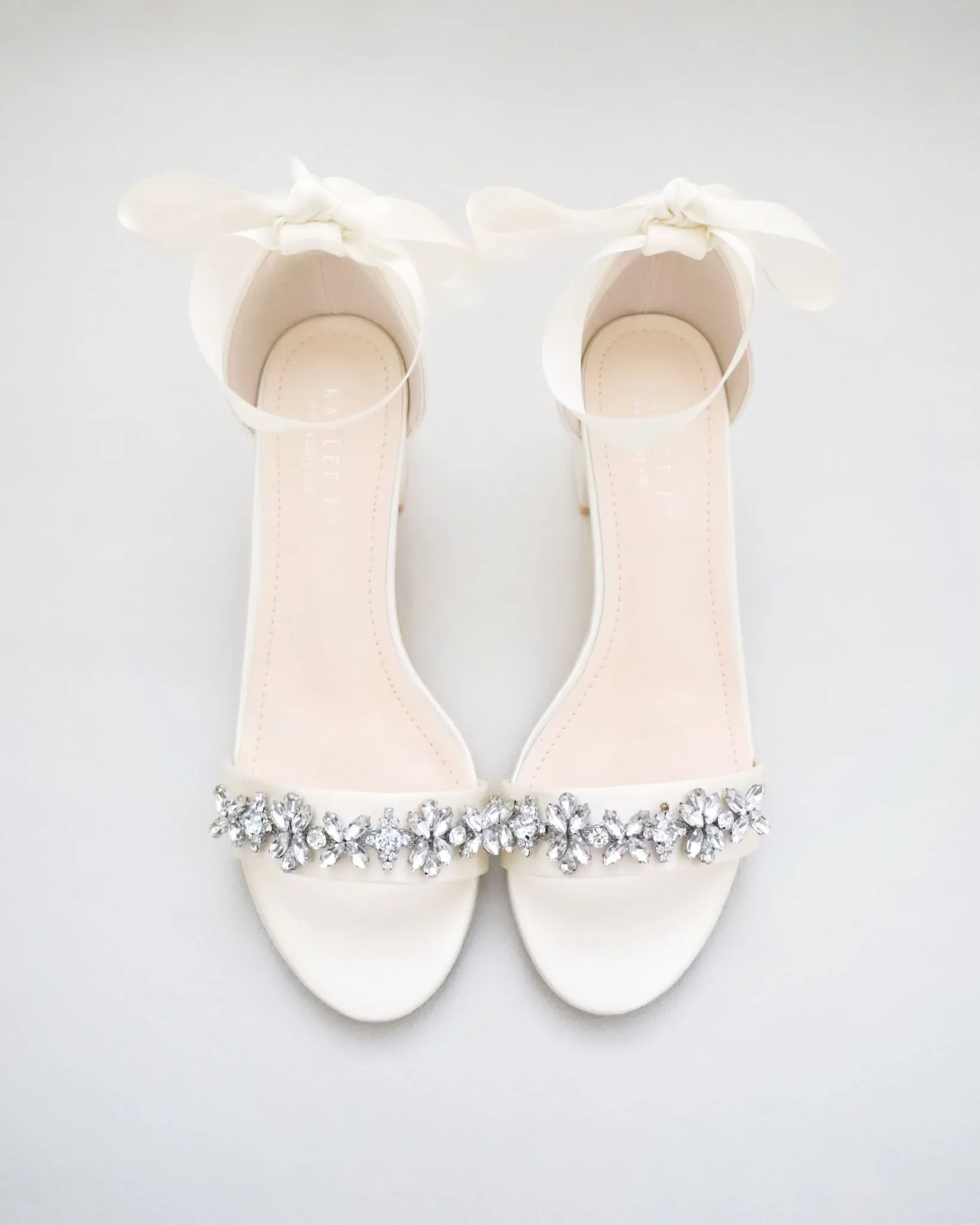 Ivory Satin Block Heel Sandals with Floral Rhinestones