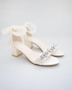 Ivory Satin Block Heel Sandals with Floral Rhinestones