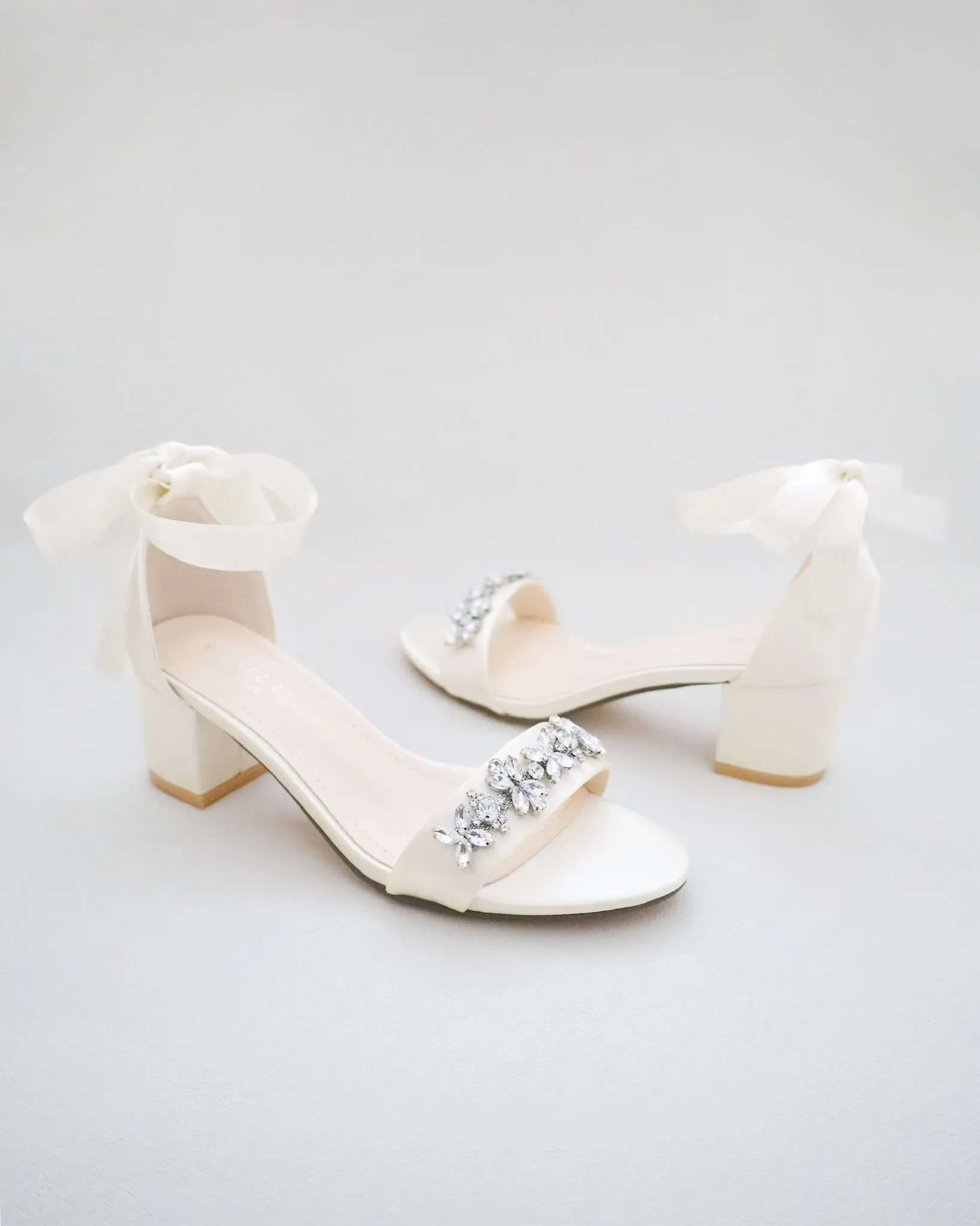 Ivory Satin Block Heel Sandals with Floral Rhinestones