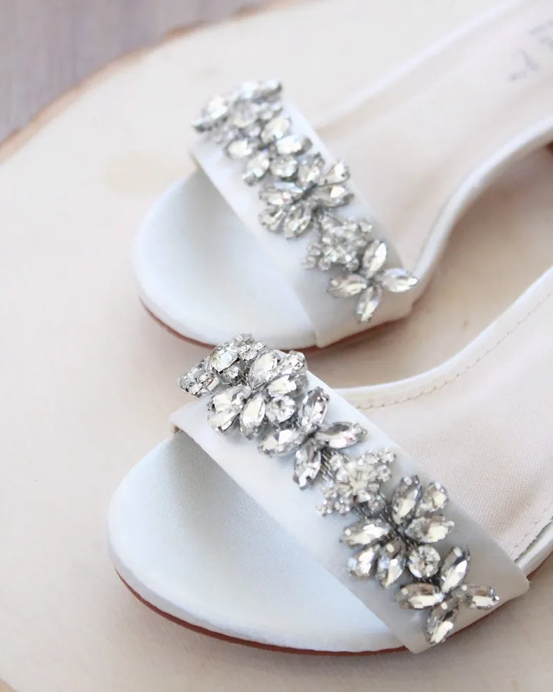 Ivory Satin Block Heel Sandals with Floral Rhinestones