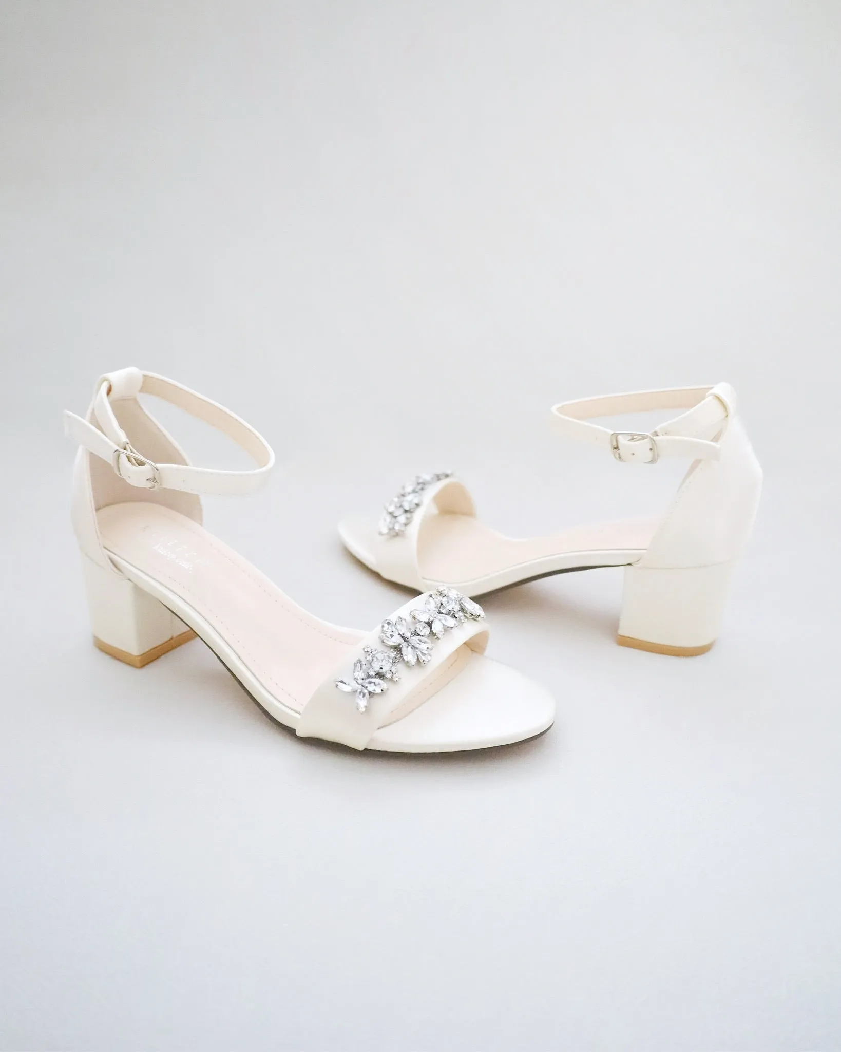 Ivory Satin Block Heel Sandals with Floral Rhinestones