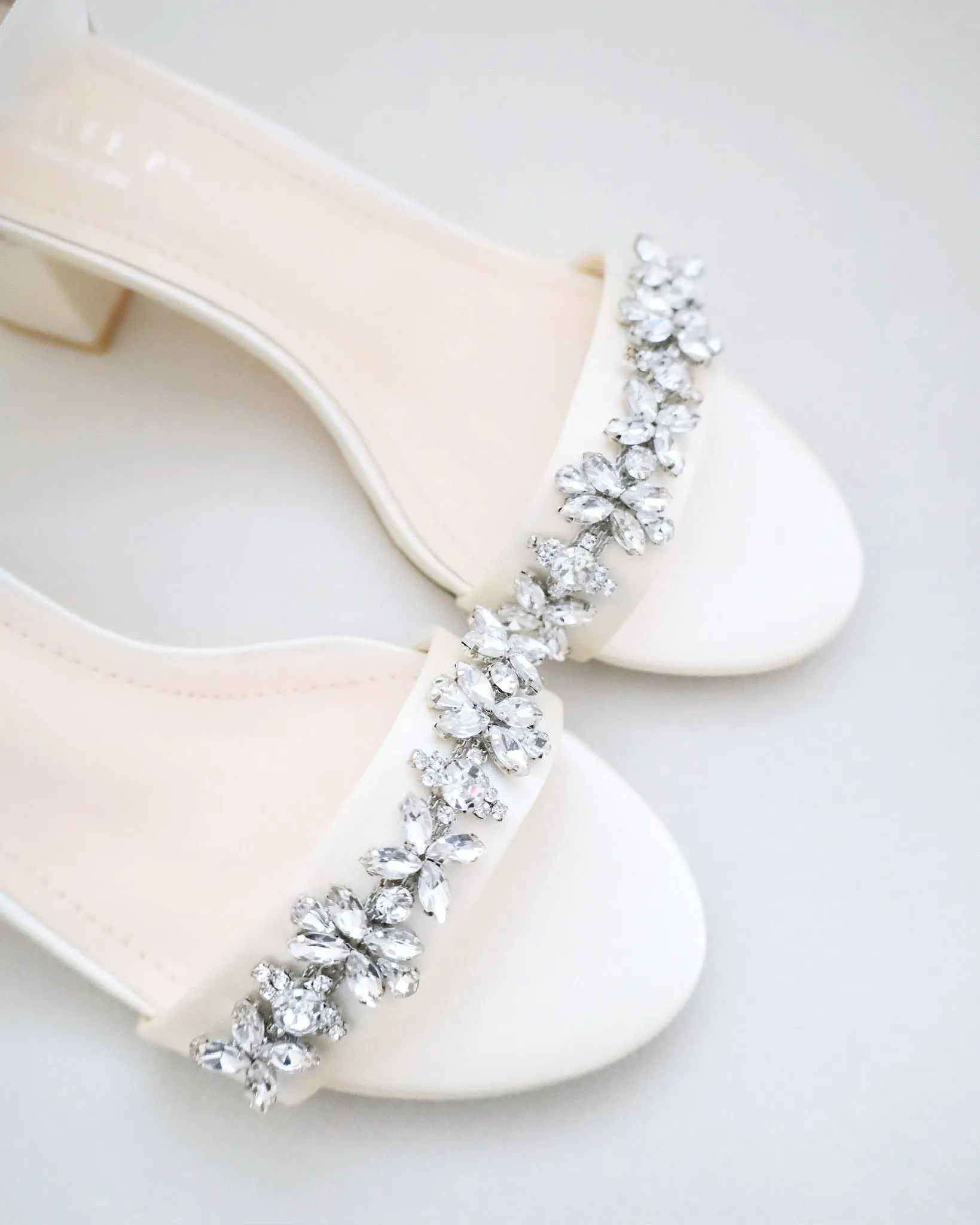 Ivory Satin Block Heel Sandals with Floral Rhinestones