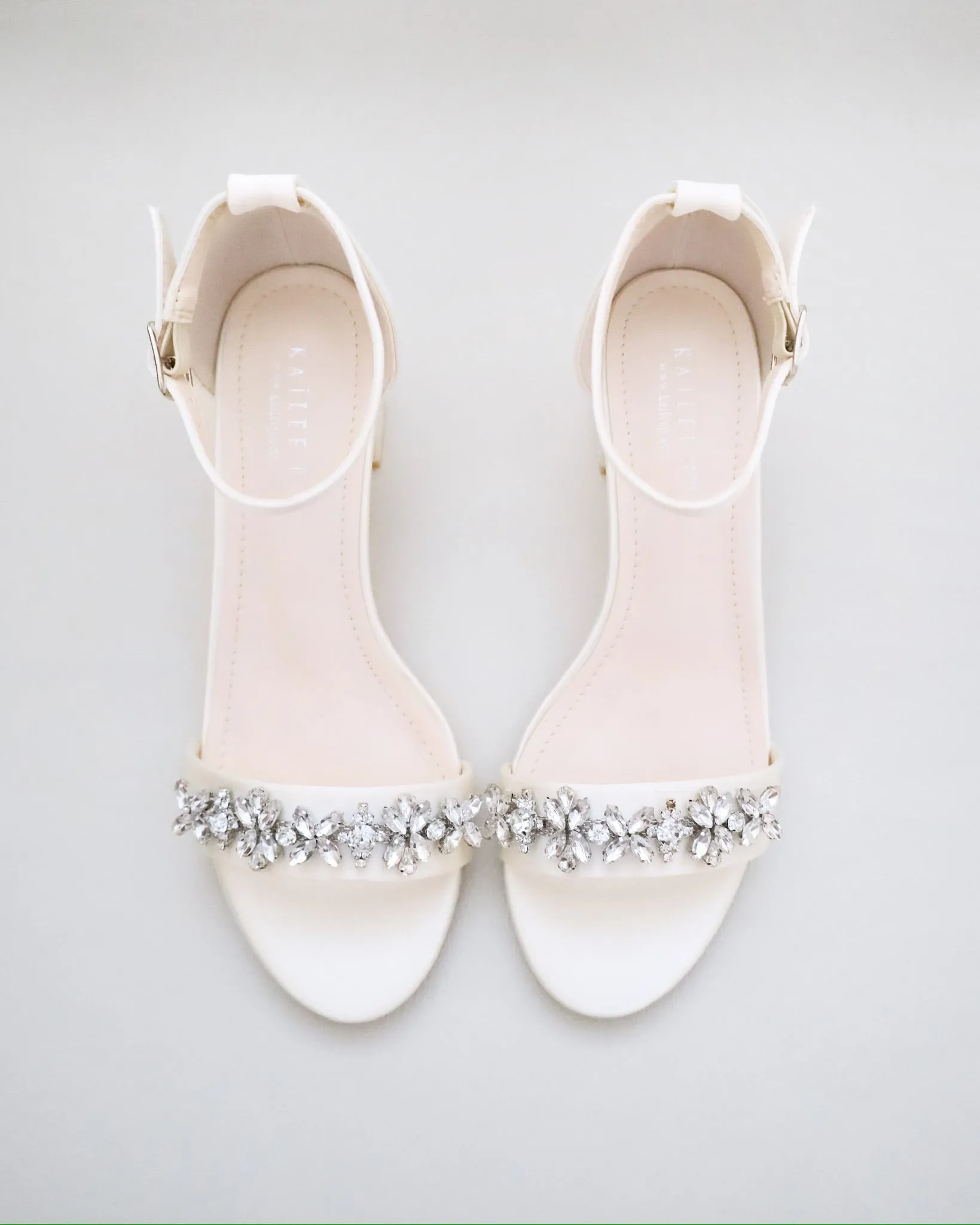 Ivory Satin Block Heel Sandals with Floral Rhinestones