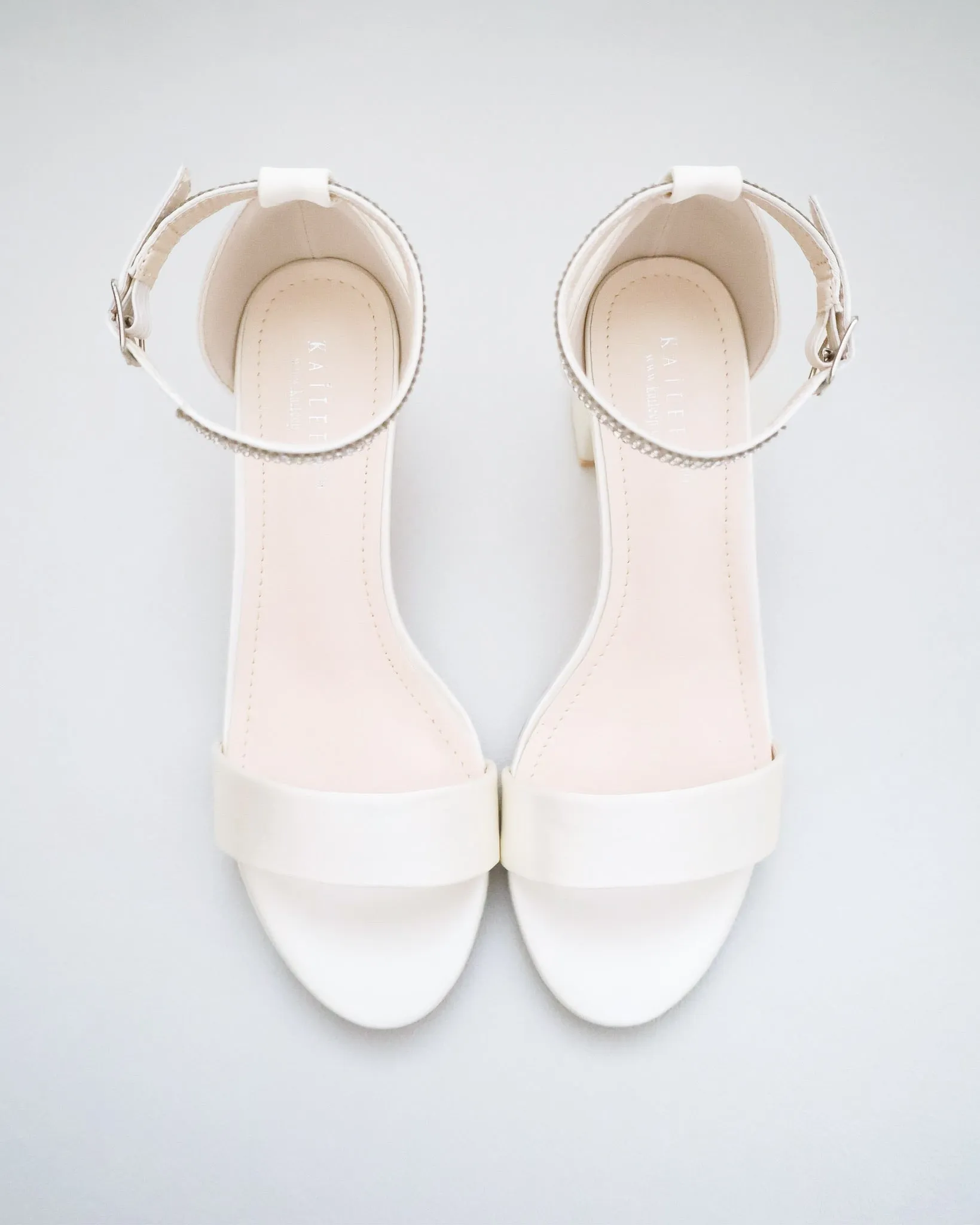 Ivory Satin Block Heel Sandals with Mini Rhinestones Embellished Ankle Strap