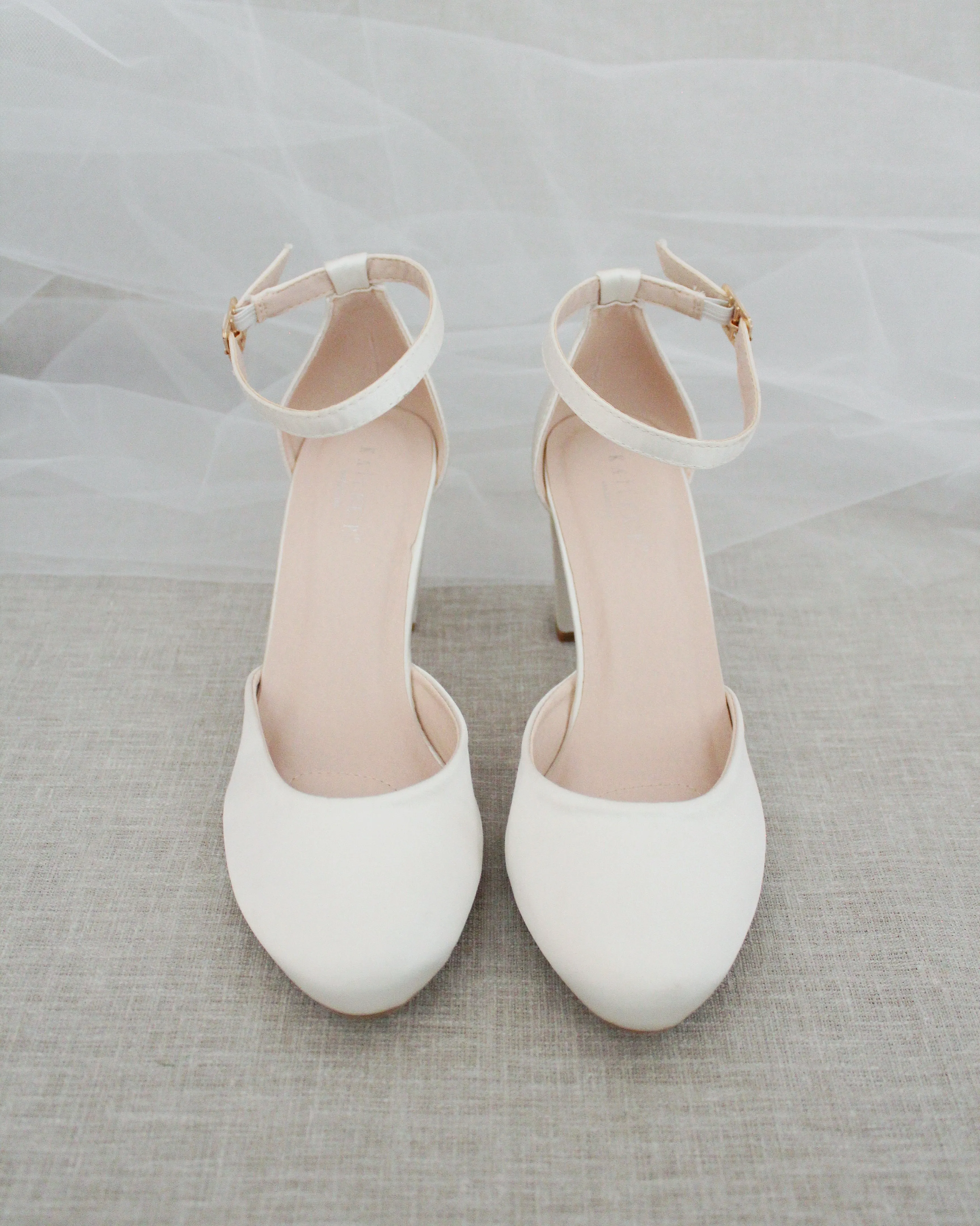 Ivory Satin Block Heel with Ankle Strap